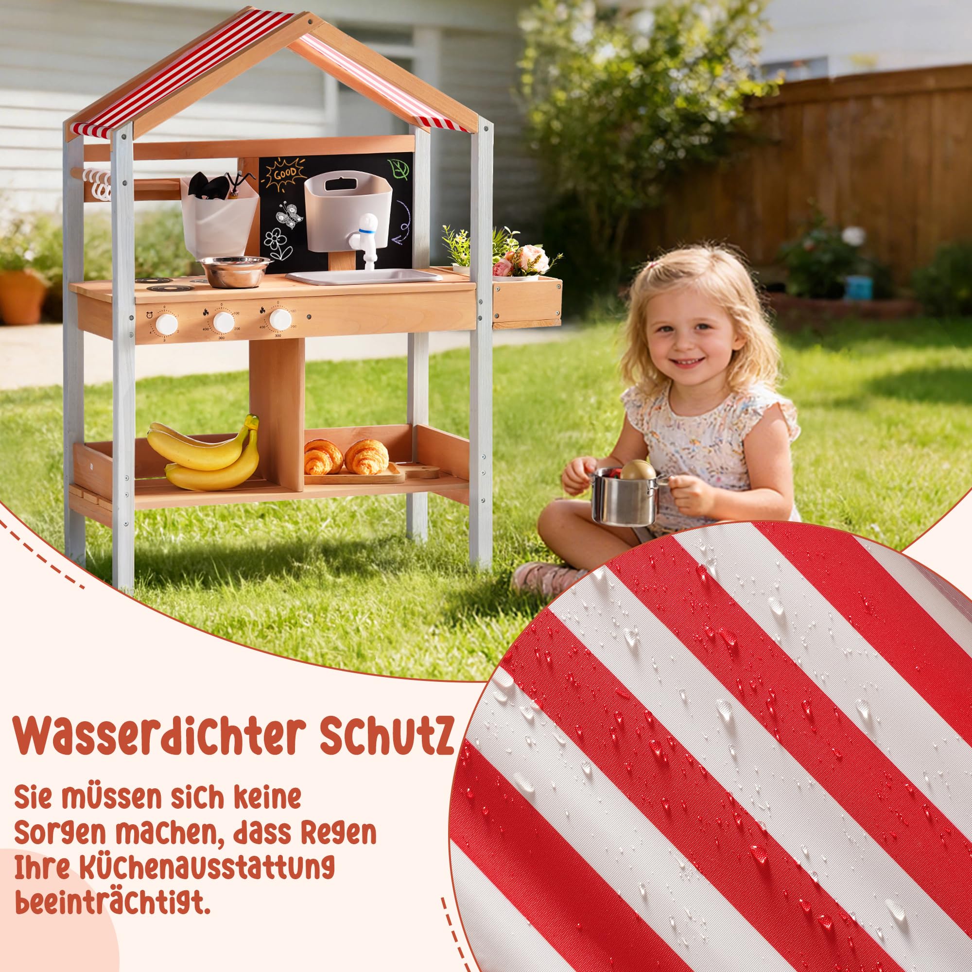ROBUD Matschküche Outdoor Holz mit Sonnendach, Spielküche Kinder Matschküche im Freien mit Pflanzkasten, Herd, Funktionierendem Wassertank, Wasserhahn & Spüle, Tafel, Spielküche Kinder ab 3 Jahren