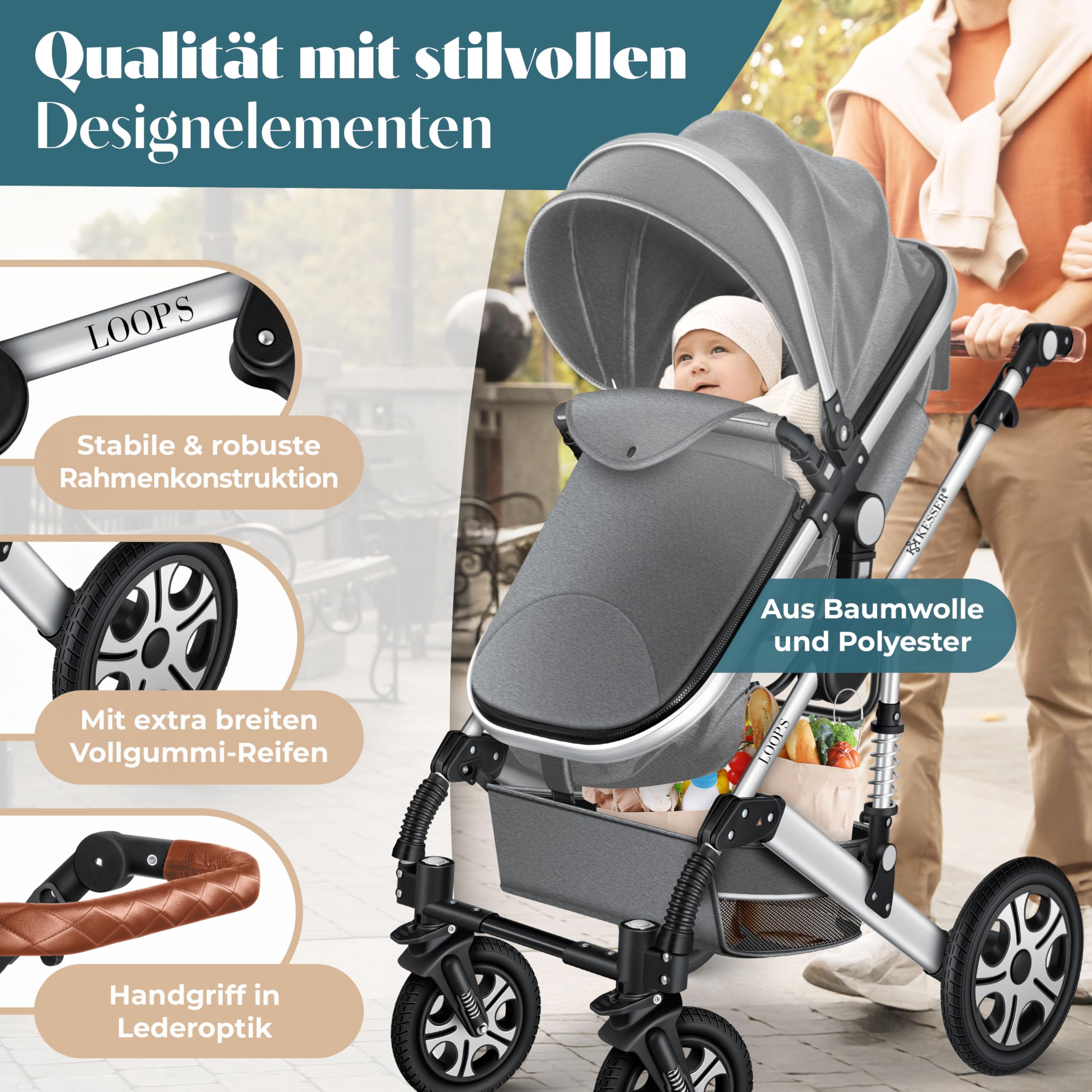 KESSER 4-in-1 Kombikinderwagen mit Babywanne, Buggy & Autoschale