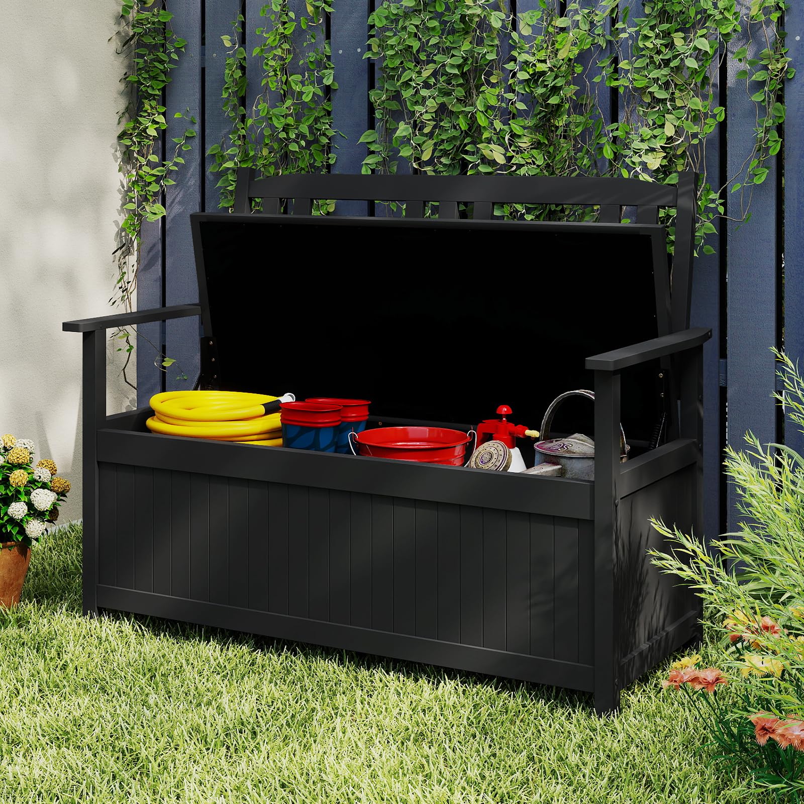 COSTWAY Gartenbank Holz mit Stauraum, wetterfeste Truhenbank, 2-Sitzer Holzbank mit integrierter Kissenbox, Balkonbank, Sitzbank für Garten, Balkon, Terrasse, 123 x 68,5 x 96 cm (Schwarz)