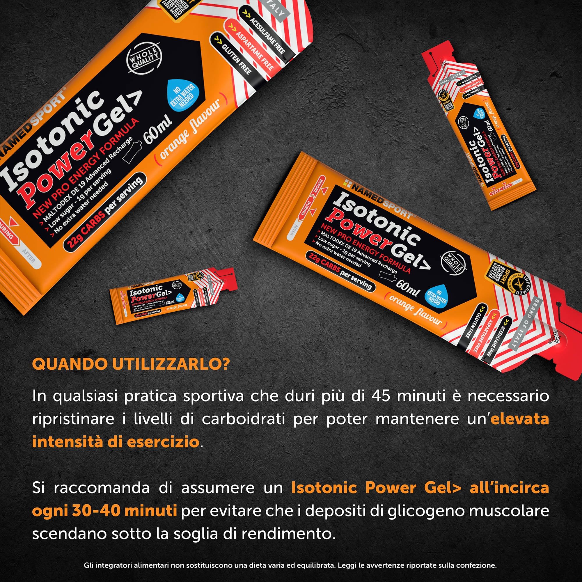NAMEDSPORT ISOTONIC POWER GEL Orange, Gel Energetico Isotonico 60ml, Ricarica Energetica Istantanea con 22g di Carboidrati, Ideale per Sport di resistenza, Confezione da 24