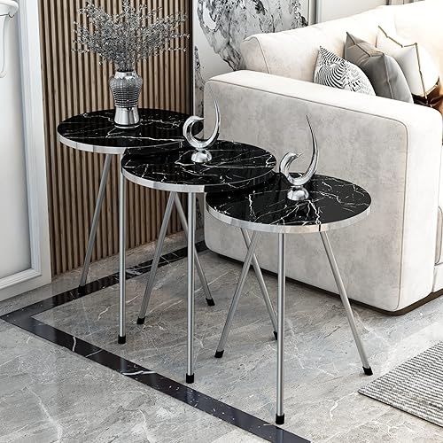 Miniatura 4 de SUNRISE HOME DECOR - Juego de mesa de sala de estar, 4 piezas, 1 mesa de café y 3 mesas de anidación, montaje sin herramientas (mármol blancogris,