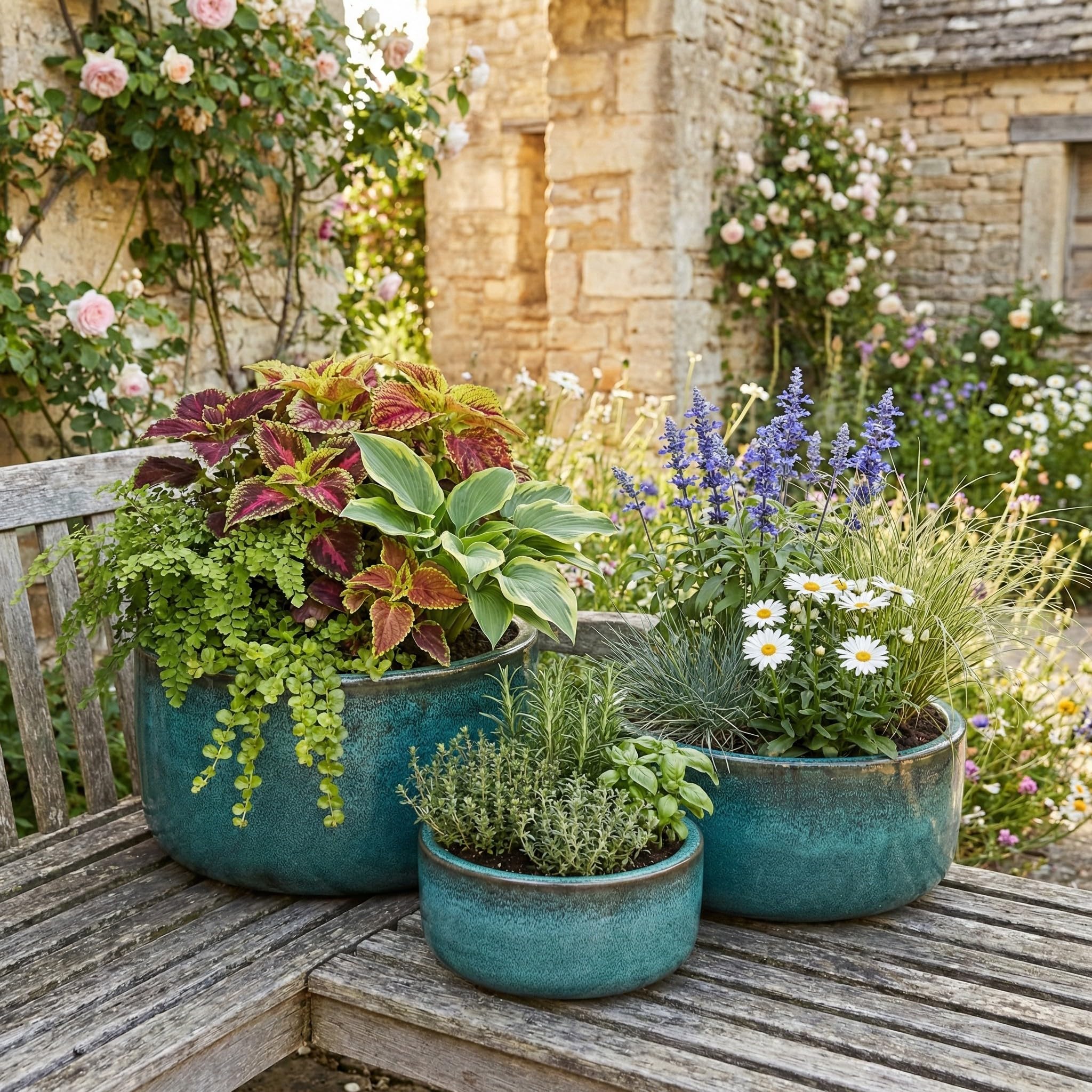 Teramico Vaso per piante in ceramica resistente al gelo, rotondo, fatto a mano, per esterni, balcone e terrazza, con foro per pavimento (verde muschio, Ø 38 x 20 cm)
