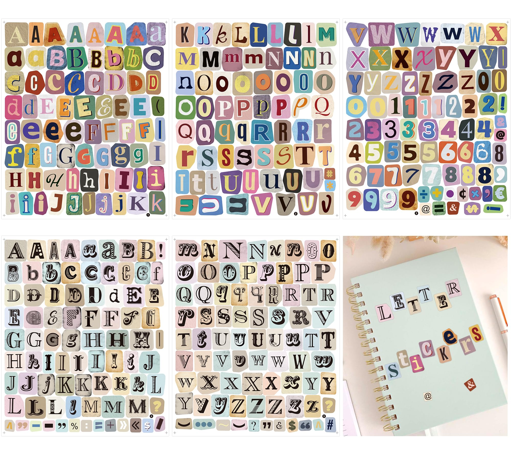372 Pcs Vintage Letter Stickers, 1 Inch Self-Adhesive Alphabet Number Vinyl Stickers, Waterproof Decorative Stickers for Scrapbooking, Journaling, Laptop, Water Bottles, DIY Crafts (5 Sheets) - 1