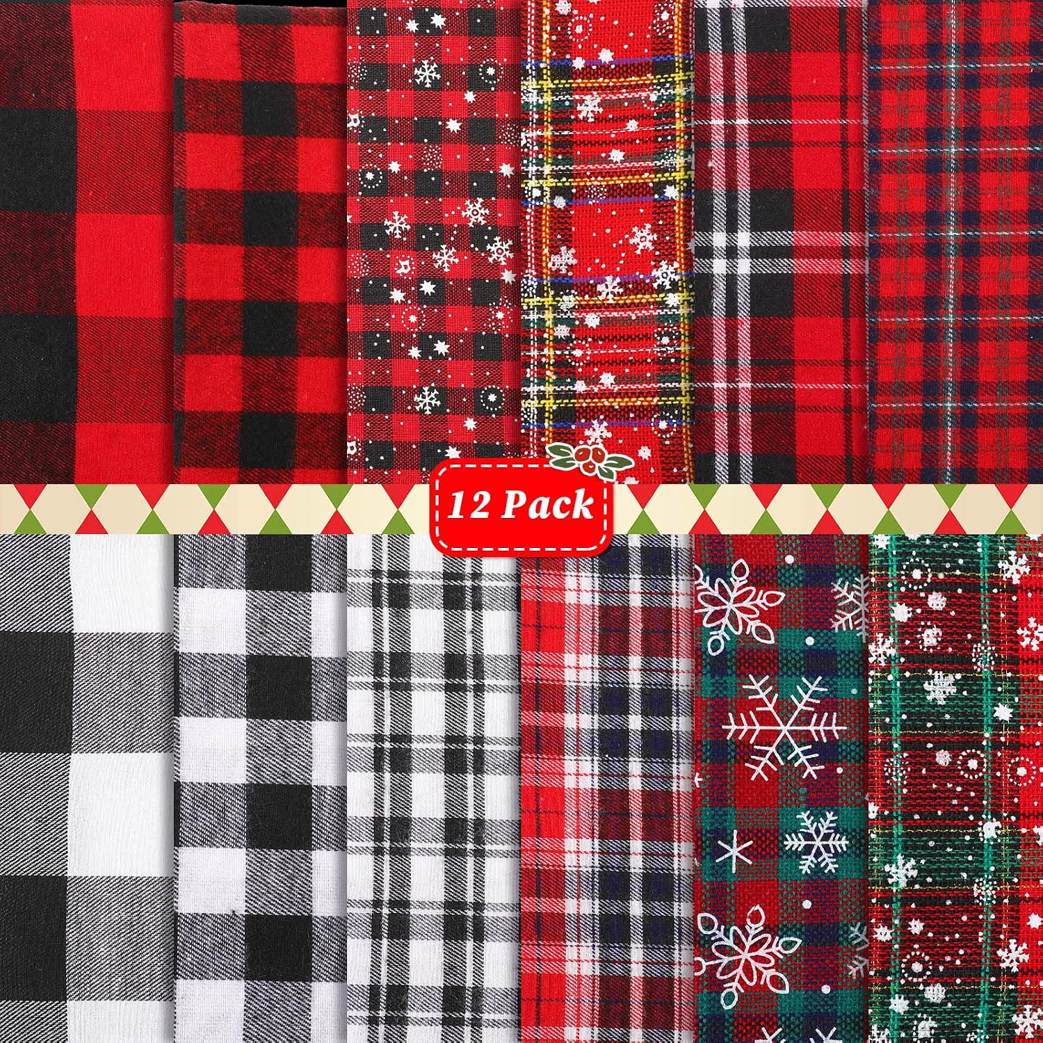 Tatuo 12 Pcs Christmas Plaid Fabric Fat Quarters Bundles, Sweet Style