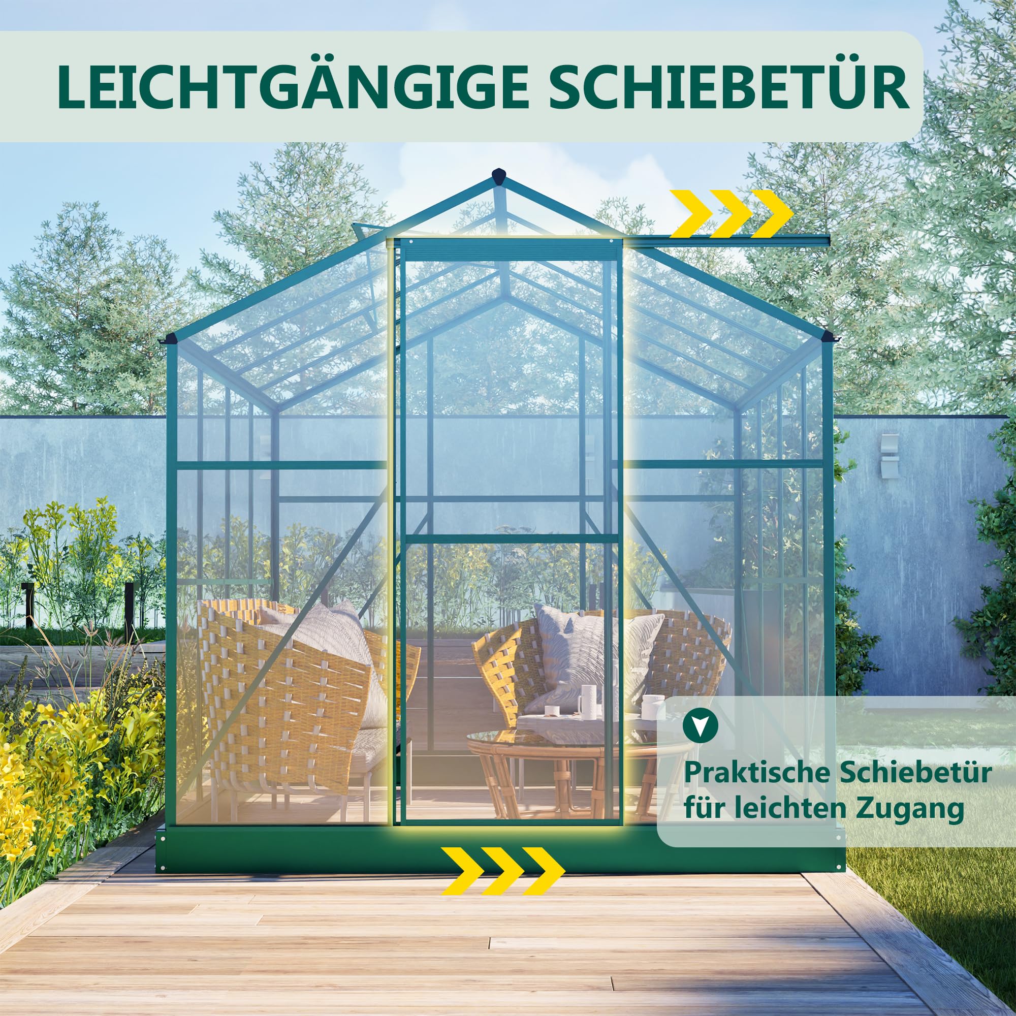 Gewächshaus Aluminium mit Fundament 254 x 190 cm, Hohlkammerplatten, Winterfest & UV-beständig, Stabil Gewächshäuser Tomaten, Frühbeet & Kräuter – Pflanzenhaus, Treibhaus für Garten, Grün