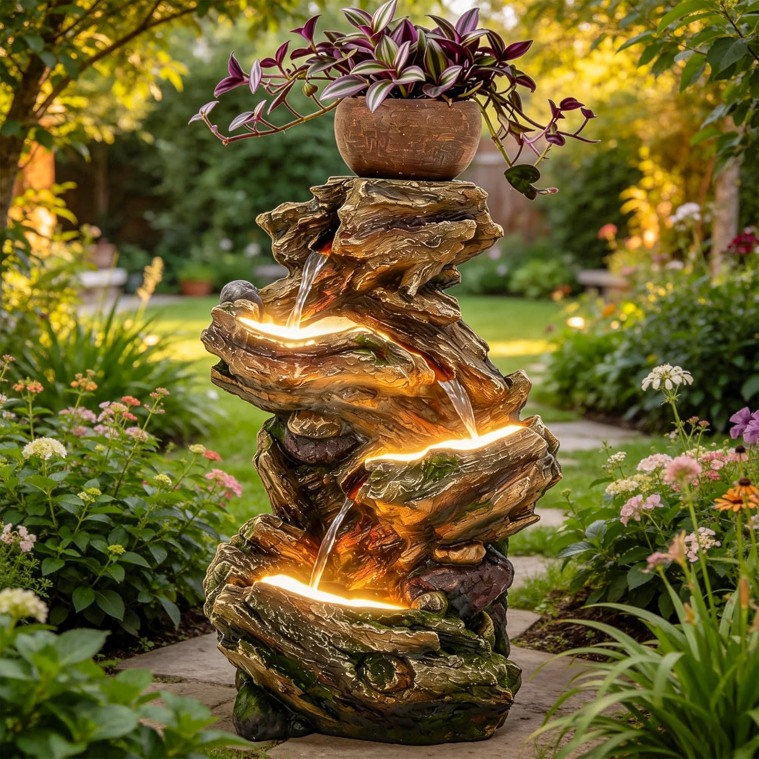 33" H Weathered Tree Trunk Water Fountain, Handcrafted 5-Tier Rustic Outdoor Water Feature with Relaxing Waterfalls, Warm LED Lights & Built-in Planters, Tranquil Oasis for Garden Yard Décor