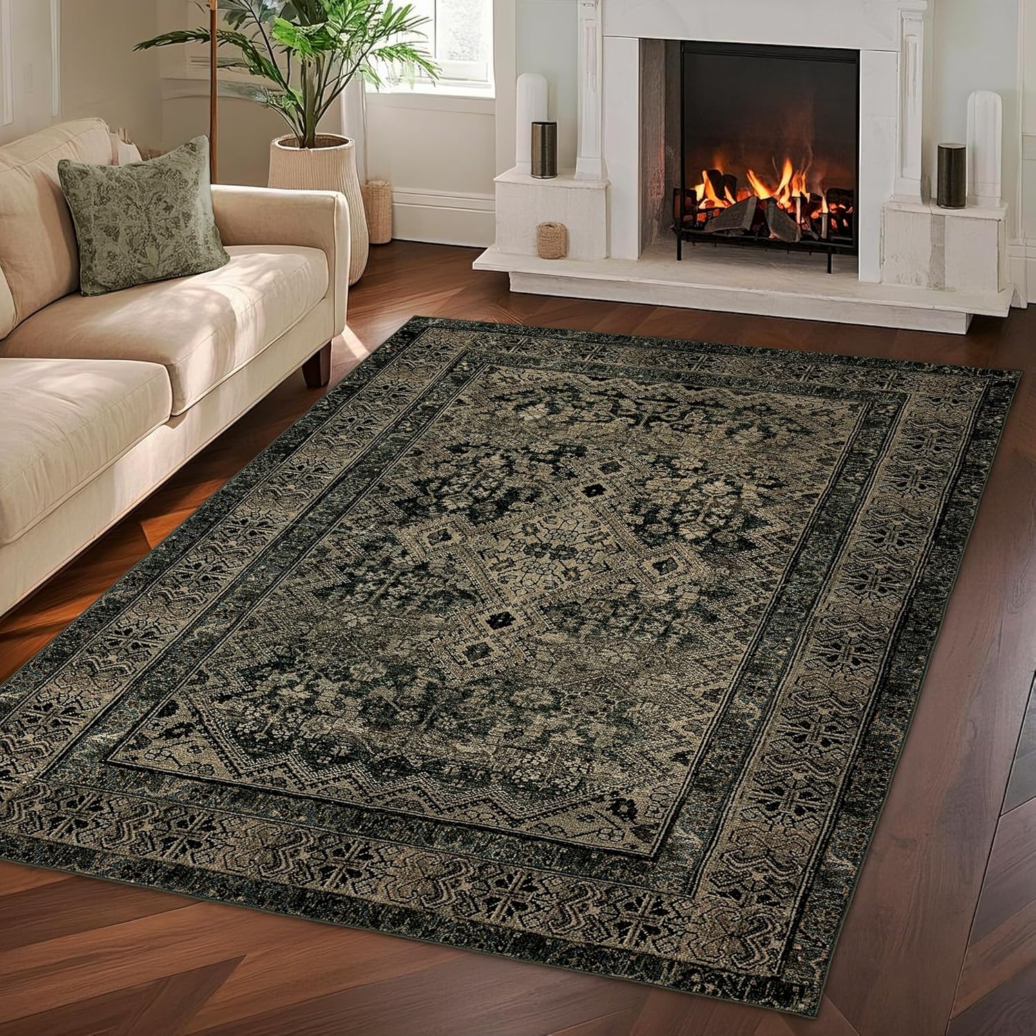Boho Washable Rug for Living Room: Vintage 6×9 Area Rugs for Bedroom Soft Non Slip – Thin Stain Resistant Carpet for Dining Room Indoor – Dark Green