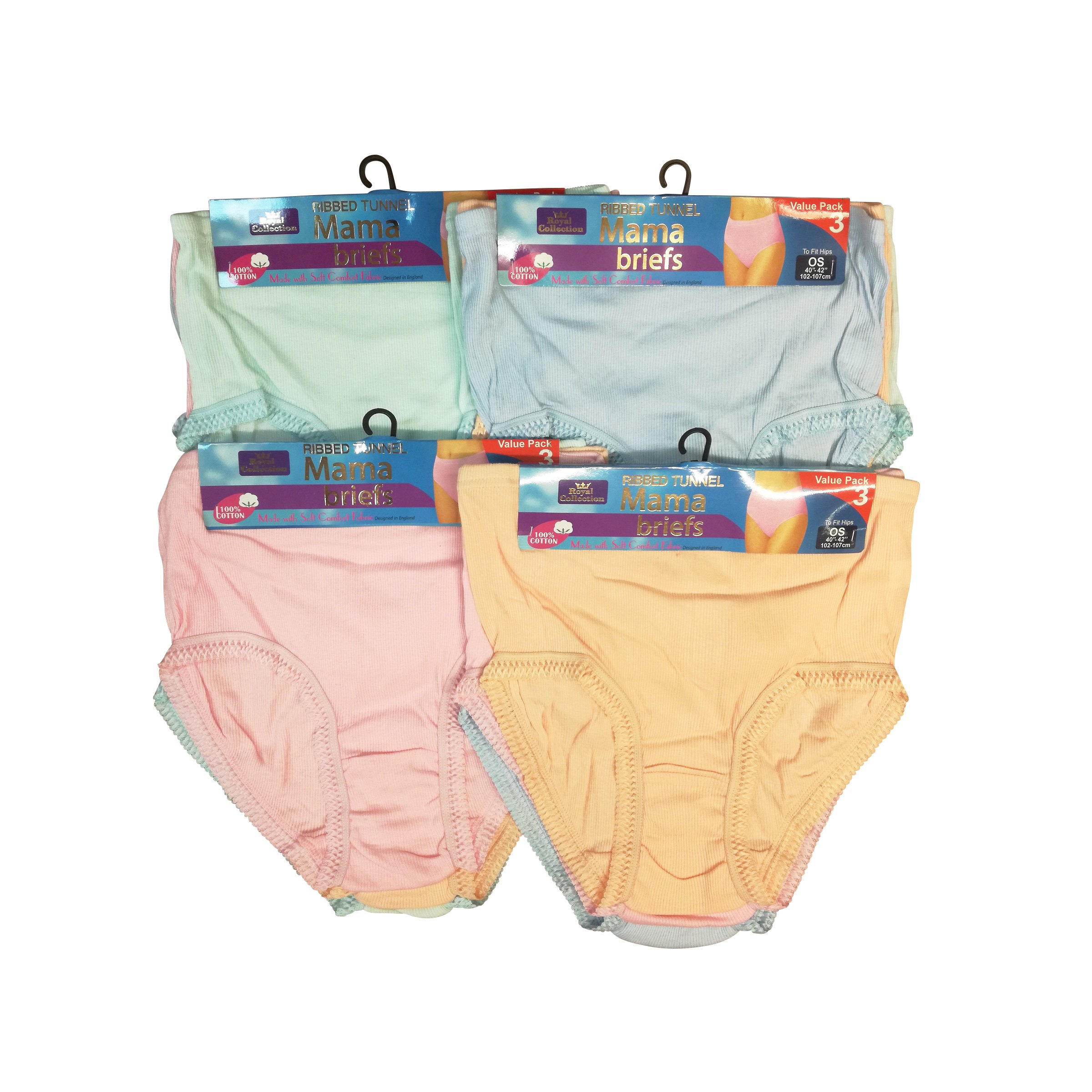 Royal Collection 12 Pairs Ladies Ribbed Tunnel Full Briefs 100% Cotton Comfortable Underwear Relax Fit Knickers - Sizes 10 to 20 (WMS 10-12 (Hip 36-38), Mixed Pastel)