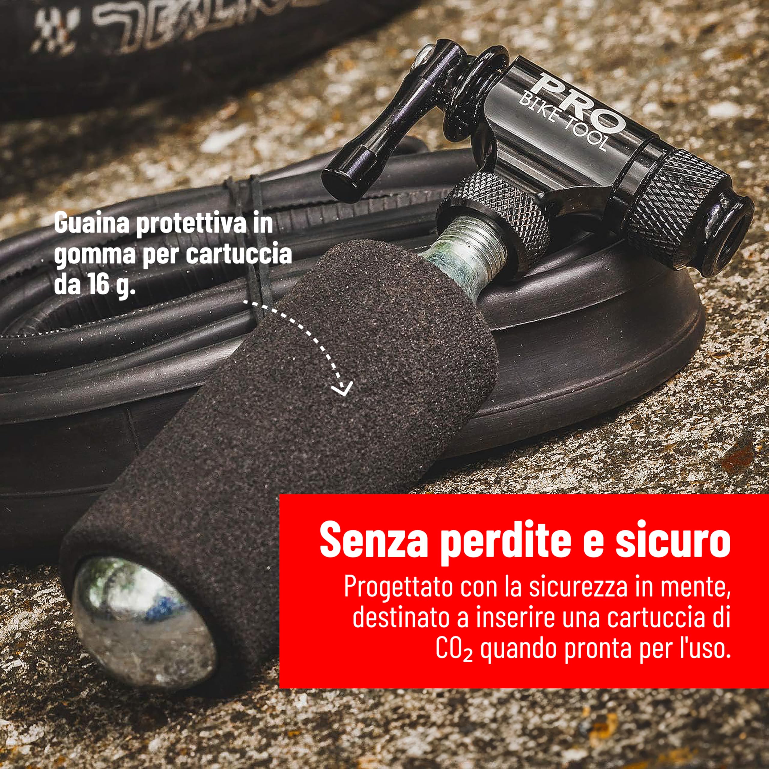 PRO BIKE TOOL Gonfiatore di CO2, facile e veloce, compatibile con valvola Presta e Schrader, pompa per pneumatici da bicicletta per bici da strada e mountain bike, manicotto isolato, cartucce di CO2