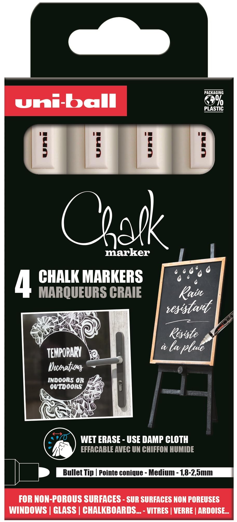 Uni-Ball - marqueurs pour vitres PWE-5M, 4 marqueurs, blanc
