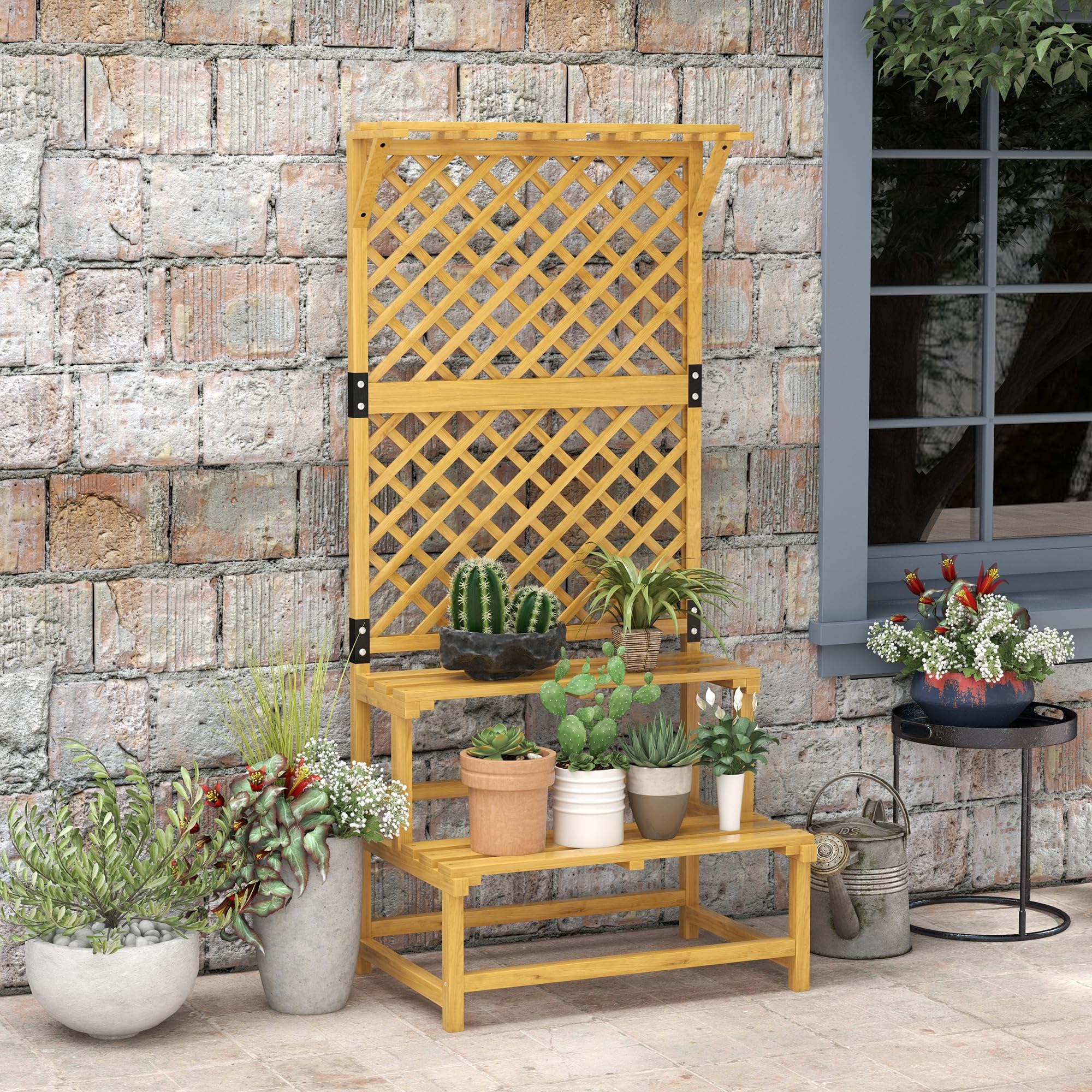 Outsunny Escalier à fleurs avec tuteur, 2 marches, toit, escalier pour plantes d'intérieur et extérieur, support de fleurs en bois, étagère à fleurs à plusieurs étages pour jardin, balcon, 75 x 50 x