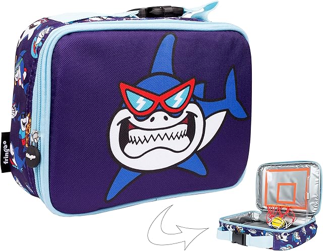 FRINGOO Boys Lunch Bag Basketball Thermal Insulated Cooler Bag for Kids School Nursery Picnic Food Snack Carrier (Cool Shark)