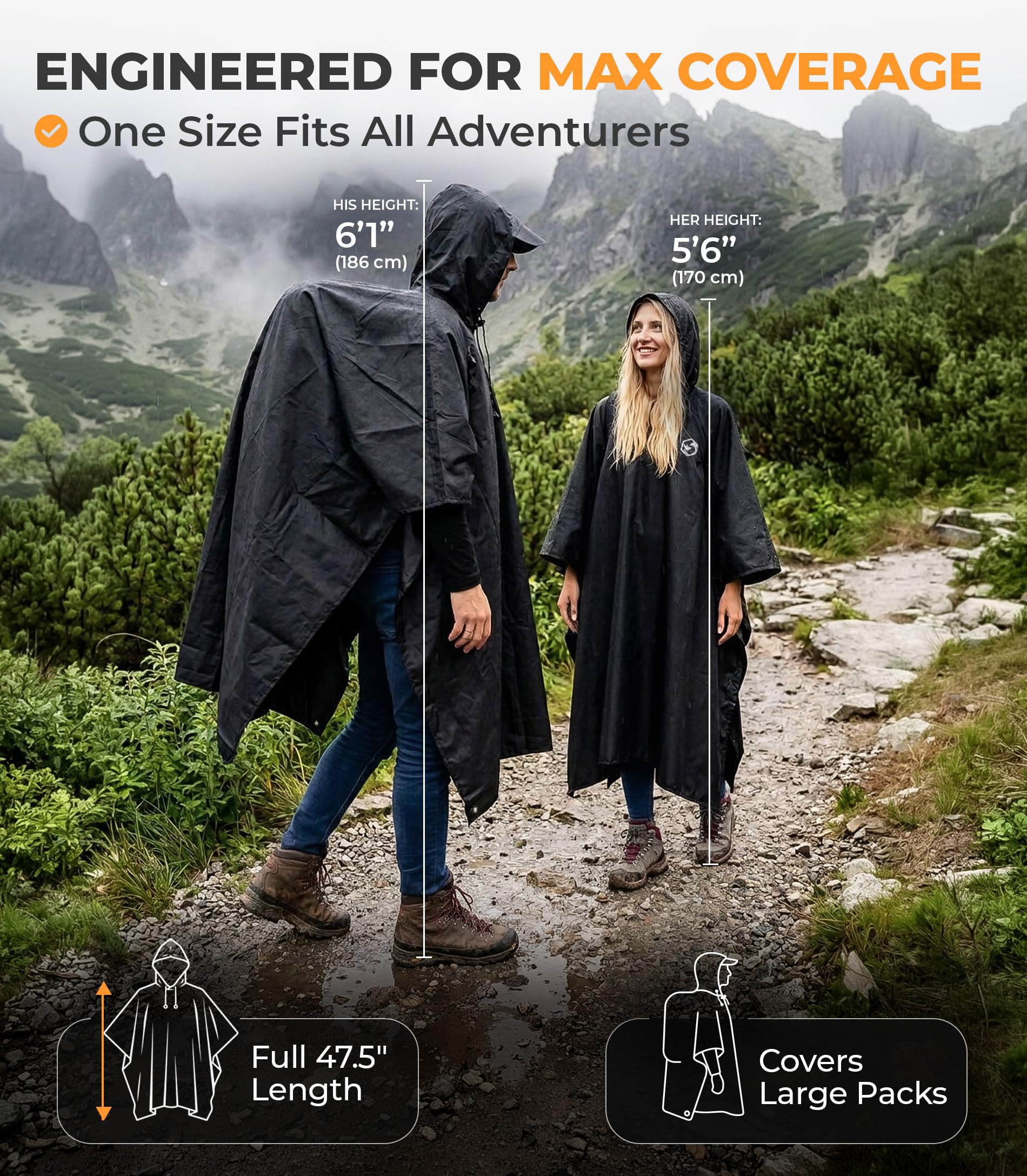 Foxelli Poncho de lluvia con capucha para adultos – Chubasquero impermeable, reutilizable, extra largo, para hombre y mujer, equipo ligero, negro, talla única, Negro , Talla única
