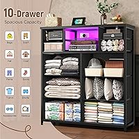Vista 4 de Cómoda para dormitorio con 10 cajones con luz LED y toma de corriente, cómodas de tela y cómoda con estantes abiertos para pasillo, sala de estar