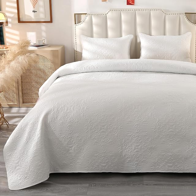 ENCOFT Quilted Bedspreads White for Bedroom Decor Reversible Quilted Bed Throw Bedspreads 220 x 240 CM Warm Blanket King Size with 2 Pillows Cases