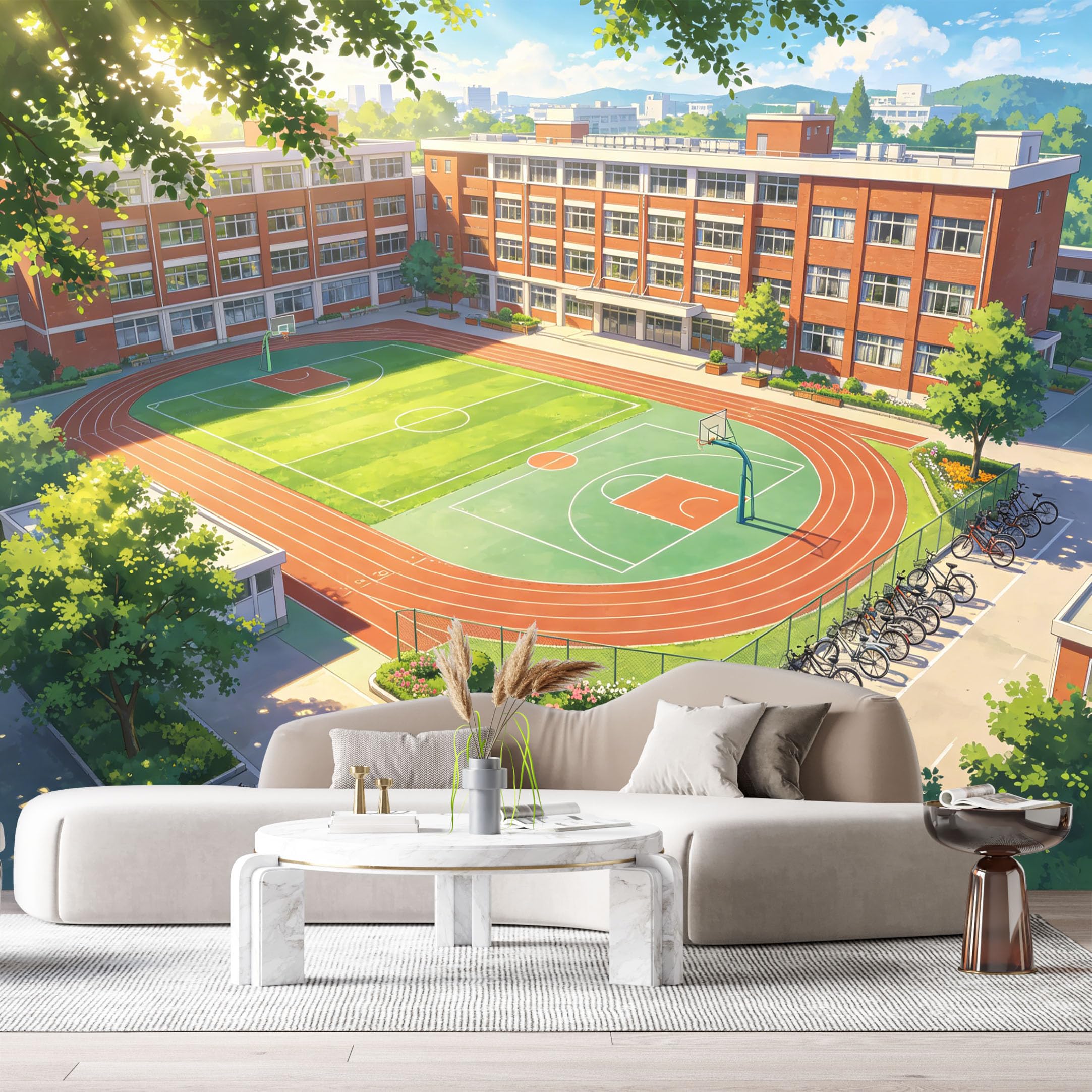 Custom Size Wall Murals Modern Campus Sports Field Contemporary Architecture Sunlit Aesthetic SelfAdhesive Wall Fabric Removable Large Wallpaper for Photo Living Room