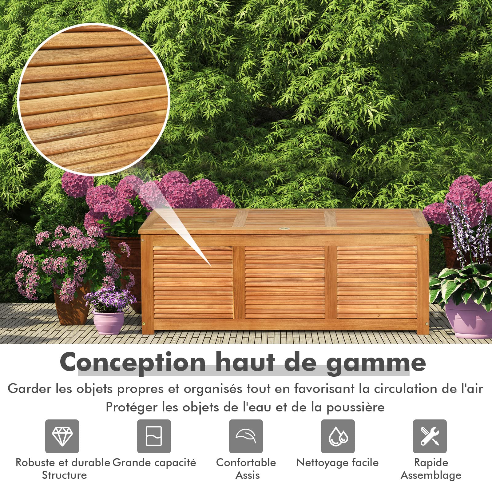 GIANTEX Coffre de Jardin Exterieur 178L, Coffre Rangement en Bois d’Acacia avec Poignée Ronde, Couvercle Rabattable, 114,5 x 41 x 38 cm, Rangement Balcon pour Terrase, Jardin