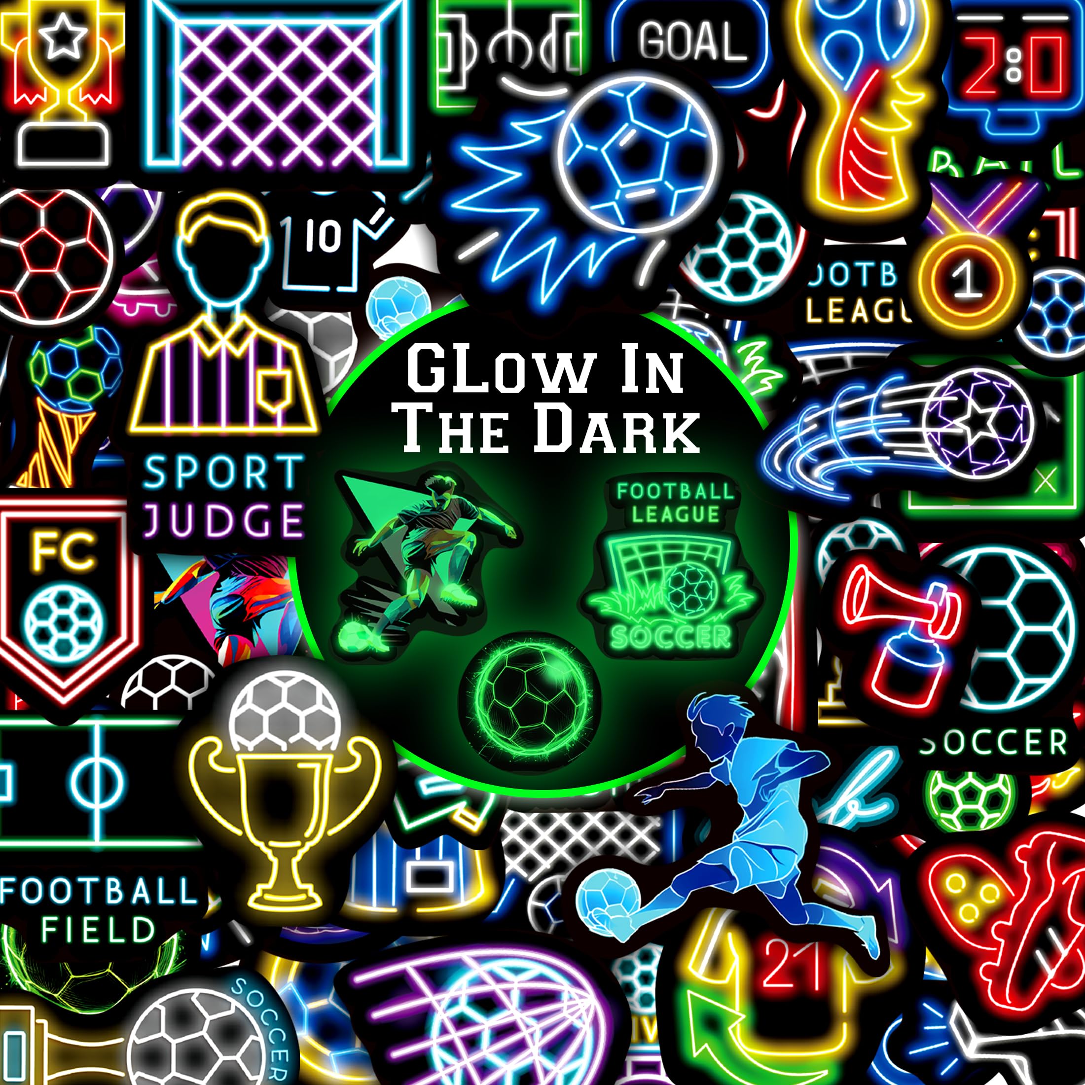 Neon Water Bottle Stickers for Kids Glow in The Dark, 65 PCS Vinyl Soccer Stickers Pack for Laptop Skateboard Phone Case, Cute Colorful Neon Decals