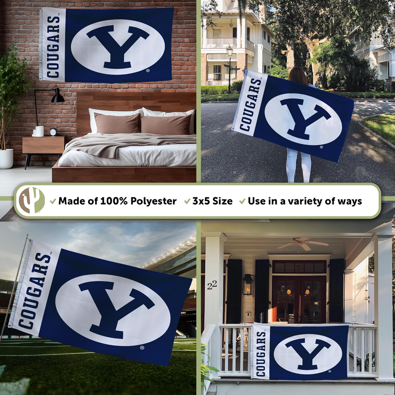 Desert Cactus Brigham Young University Flag Cougars BYU Cougs Banners 100% Polyester Indoor Outdoor 3x5 feet Flags (Team Name) - Image 3