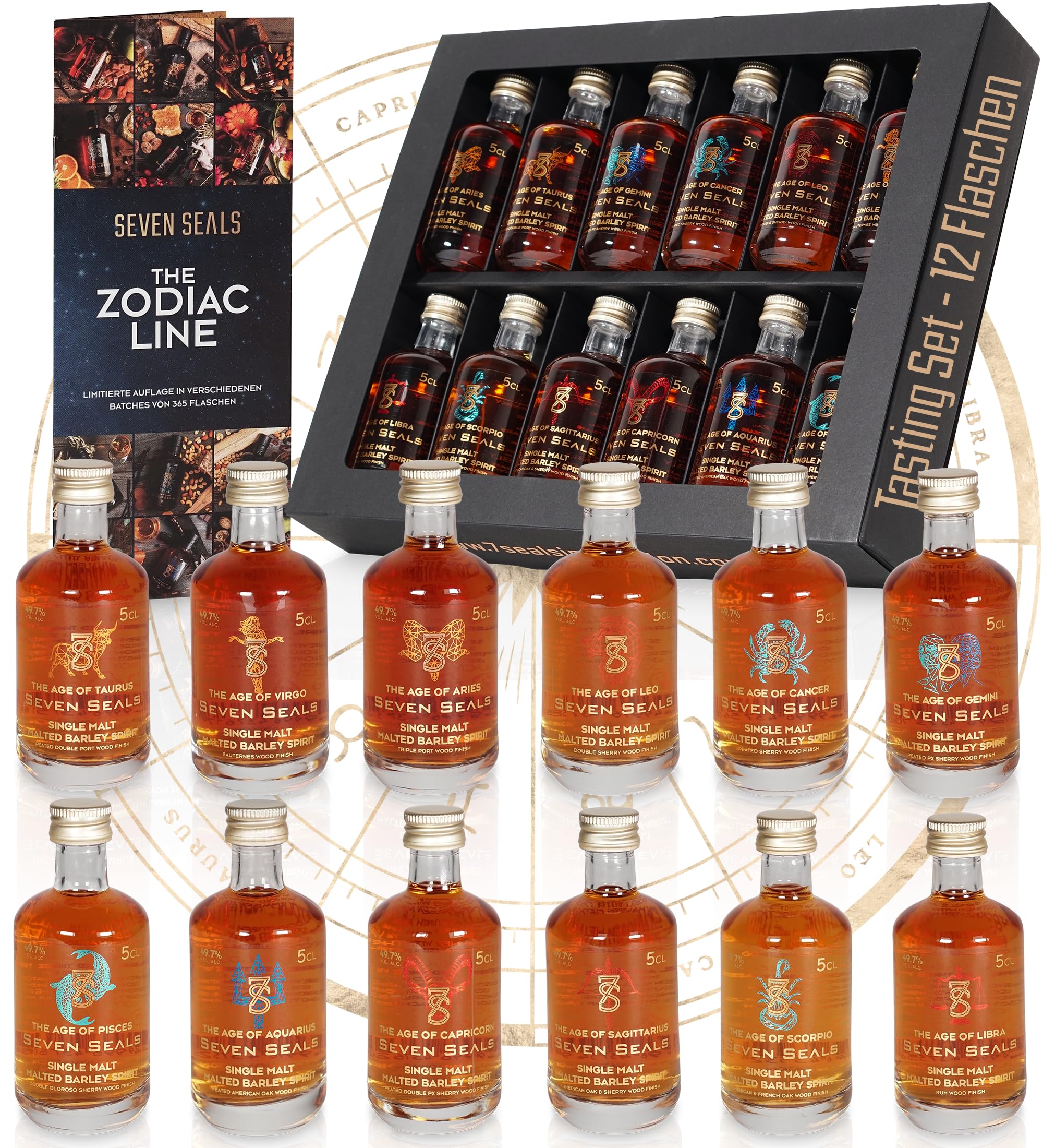 Seven Seals Single Malt Geschenkset | Zodiac Tasting Set | 12 x 5cl Tasting Miniaturen | Premium Probierpaket | Geschenkidee für Männer & Genießer | Schweizer Qualität | 49,7 % Vol