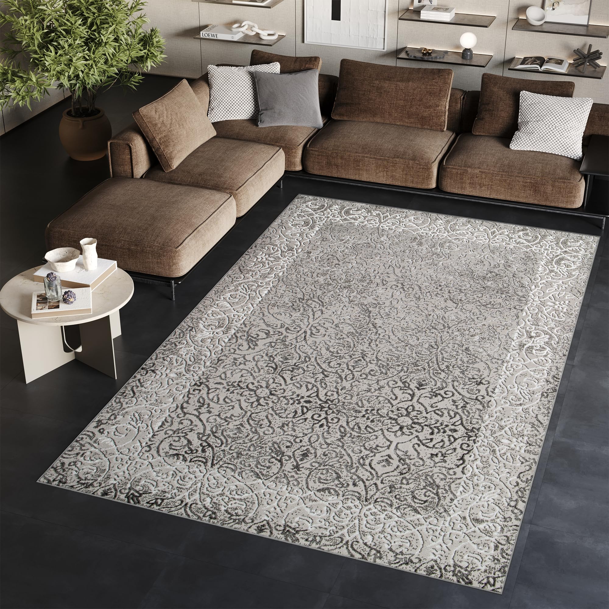 TAPISO Ares Alfombra de Pelo Corto Brillante Suave Gris Claro Blanco Diseño Moderno Efecto 3D Alfombra de Salón Dormitorio Habitación Oeko-Tex 250 x 350 cm