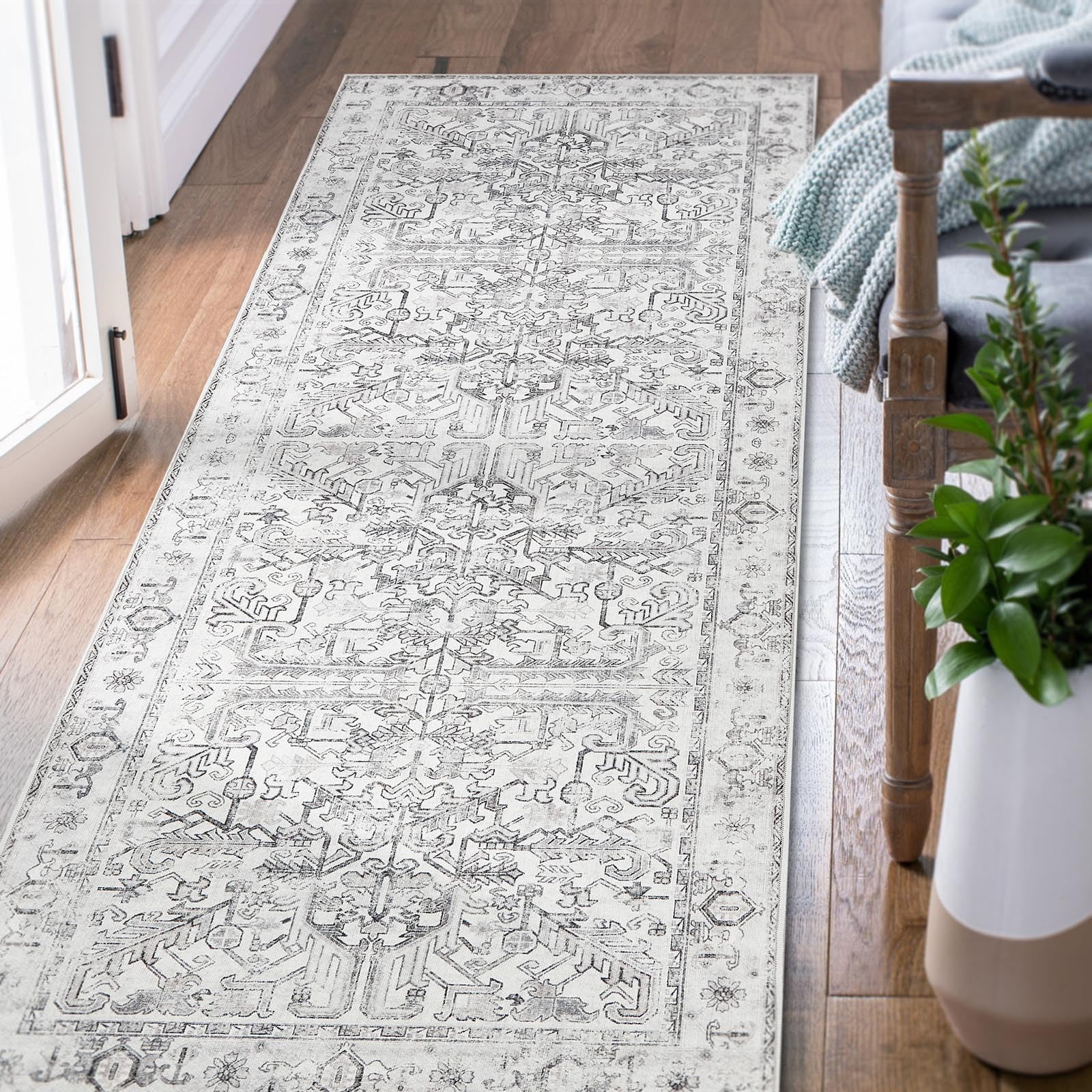 jinchan Kitchen Runner Rug 2x5,Bohemian Hallway Rug Washable Rug Floral Runner Non Slip with Rubber Backing Soft Thin Vintage Carpet Runner for Bedroom Bathroom Laundry Room Living Room Decor Grey