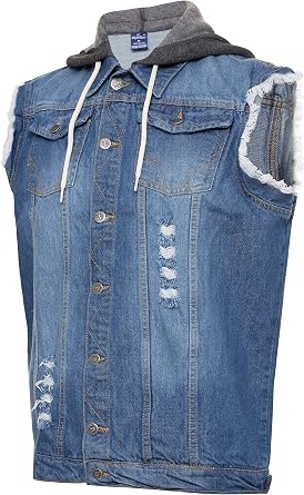 Skylinewears Mens Hooded Denim Biker Vest Classic Sleeveless Trucker Jacket with Stretchy Distressed Jean & Comfort Hood