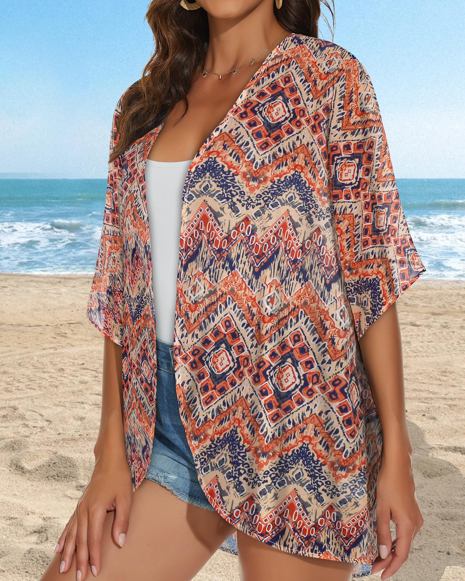 ADOREJOY Women's Tops Summer Kimono Cardigan Floral Print Puff Sleeve Swimsuit Cover Up Casual Loose Fit Blouse — view 3