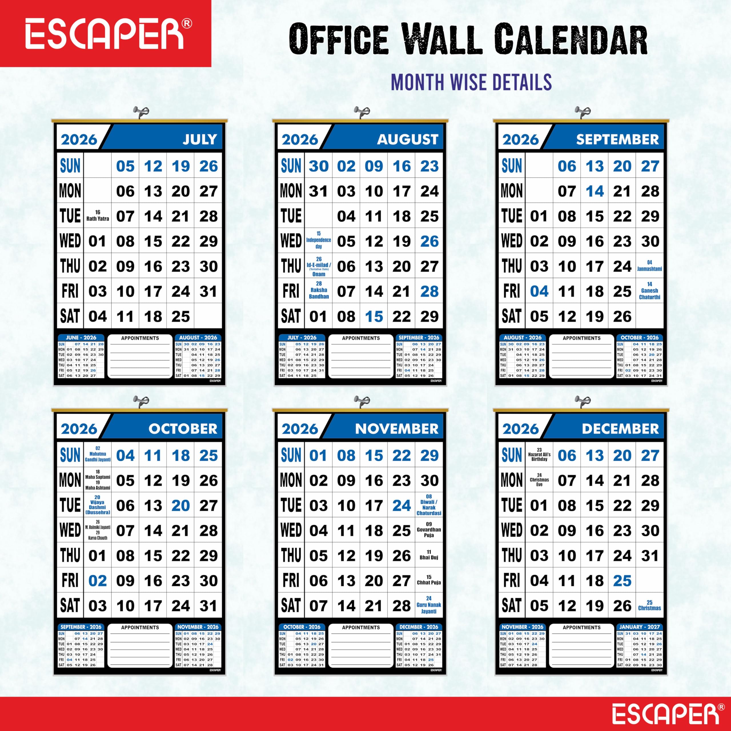 ESCAPER Calendario de pared azul 2026, calendario colgante grande con vacaciones indias, planificador mensual, papel de 100 g/m², diseño fácil de colgar, calendario de Año Nuevo 2026