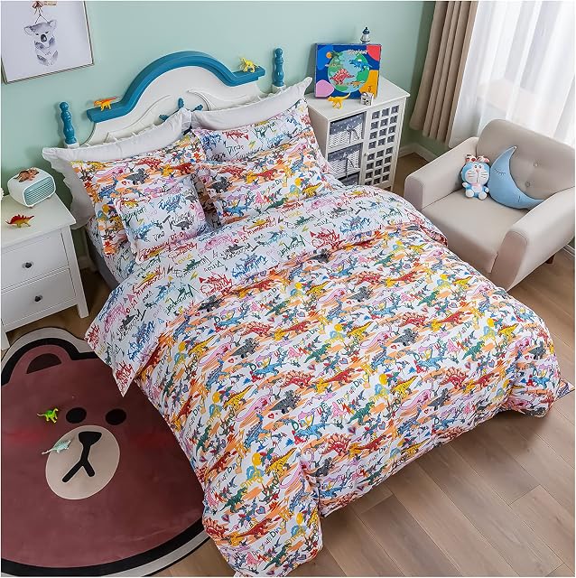 YINGAVERSAI Kids Bedding Duvet Cover Sets, Dinosaur Reversible Single Soft Cute Kids Bedding Quilt Cover with 1 Pillow Case for Boys Girls, Washed Microfiber Lightweight (135x200cm, 2Pcs)