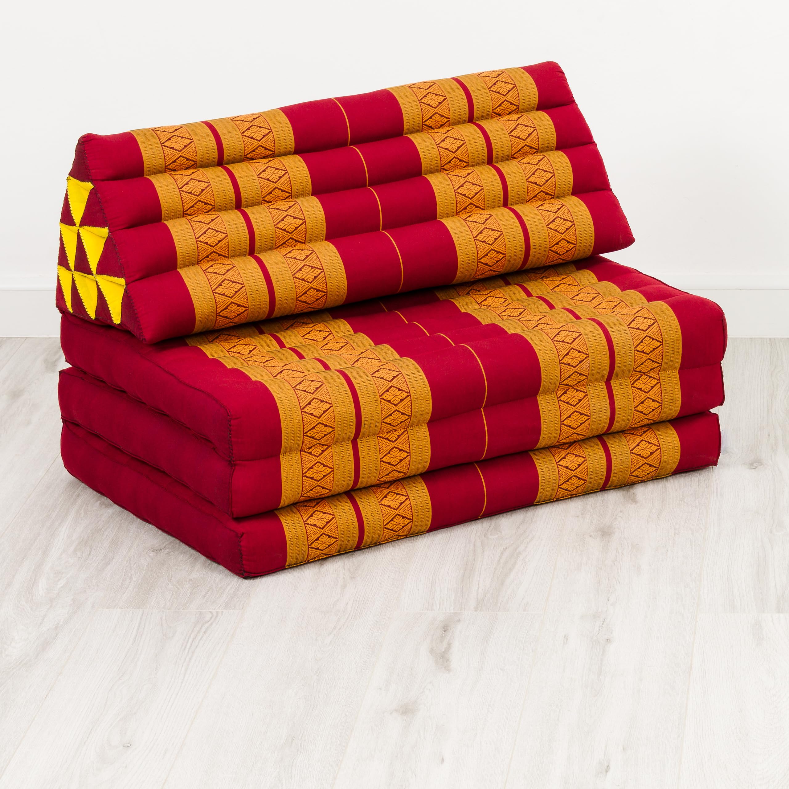 livasia Thaikissen 3 Auflagen für Paare XXL - 190x80x8cm - Dreieckskissen Klappmatratze, extrabreit Kapok, Rückenkissen faltbar, Thaimatte zum Klappen, Meditationskissen (Rot/Gelb)