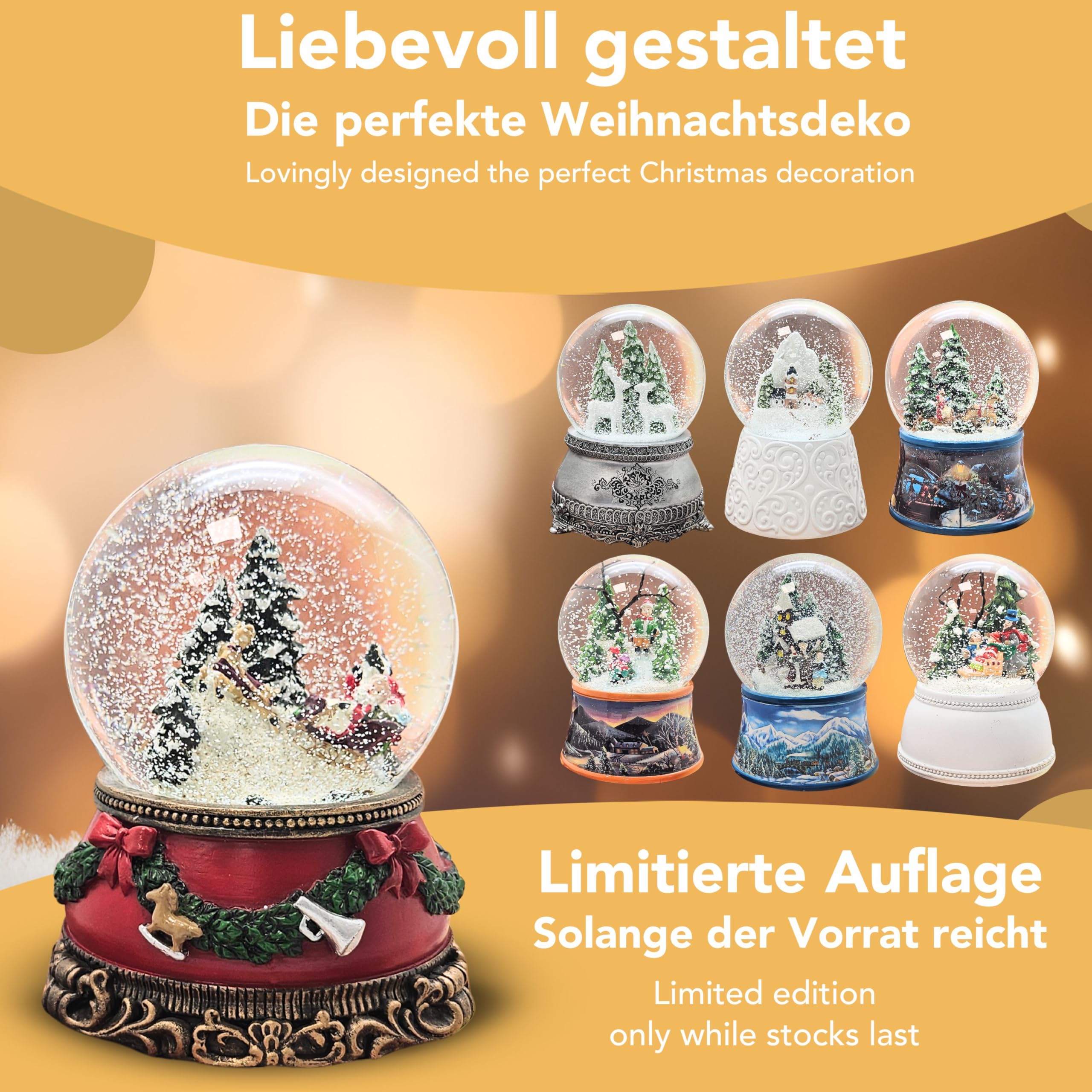 Schneekugel Weihnachten Spieluhr | Santa im Schlitten | Sockel Weihnachten rot Tannengirlande | mit Musik | Schüttelkugel Weihnachtsdekoration | B: 10 cm H: 14 cm | 20276