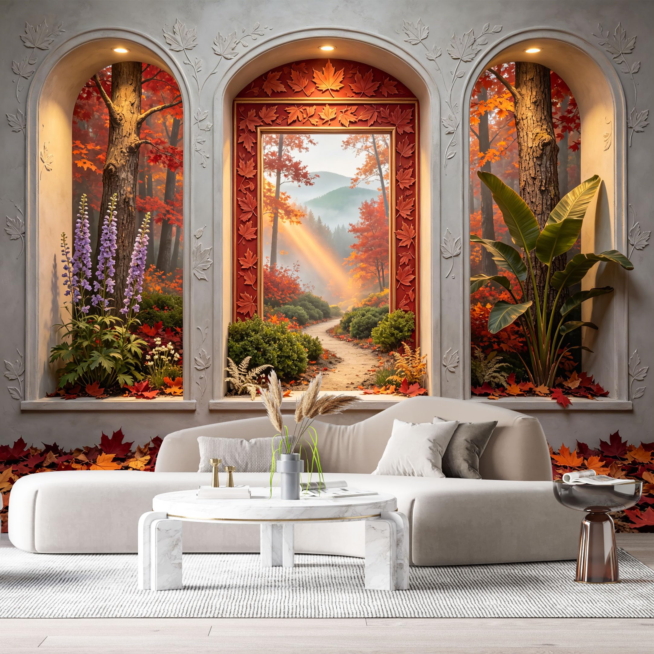 Custom Size Wall Murals Autumn Forest Landscape 3D Trompe L'Oeil Arch Window Leaves Sunlight SelfAdhesive Wall Fabric Removable Large Wallpaper for Photo Living Room