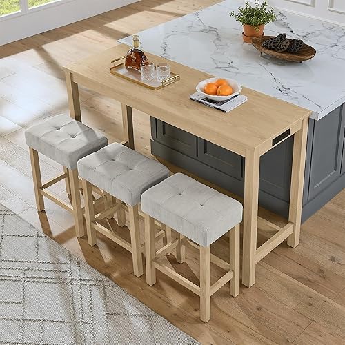 Miniatura 3 de Juego de mesa de bar de 59 pulgadas con toma de corriente, mesa de desayuno industrial de 4 piezas con 3 taburetes tapizados para sala de estar,