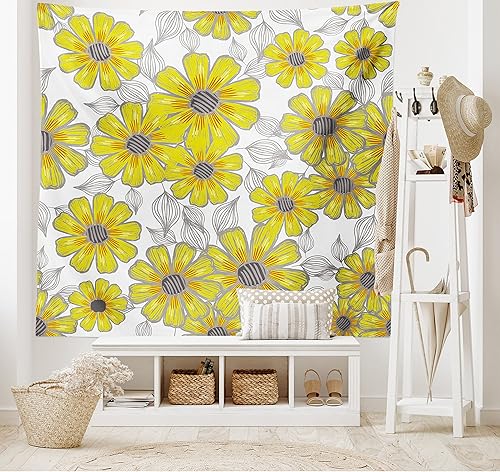 Miniatura 2 de Lunarable Tapiz amarillo y gris tamaño King, margaritas retro envejecidas, espirales de dibujo, motas bocetadas, plantas de jardinería, colcha