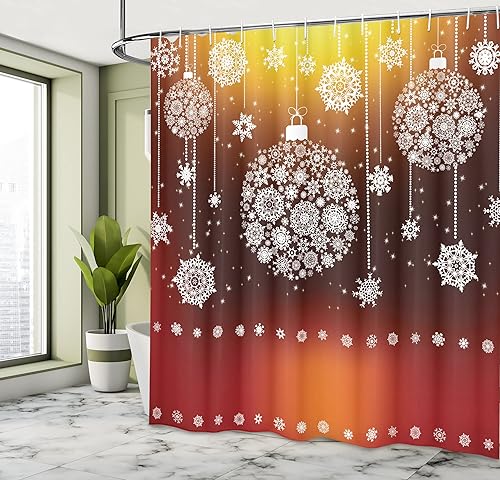 Miniatura 105 de Ambesonne Cortina de ducha de Navidad, estilo retro, palabras de deseos de Navidad con forma de árbol con adornos, juego de decoración de baño de