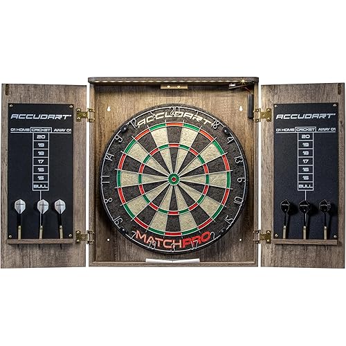 Accudart Match Pro Dartboard Cabinet Set - Official Size - Self Healing Sisal - Modern Style Woodgrain - Two Built-in Dartholders - LED Lighting - Includes Scoreboard, Chalk, Eraser, and Six Darts