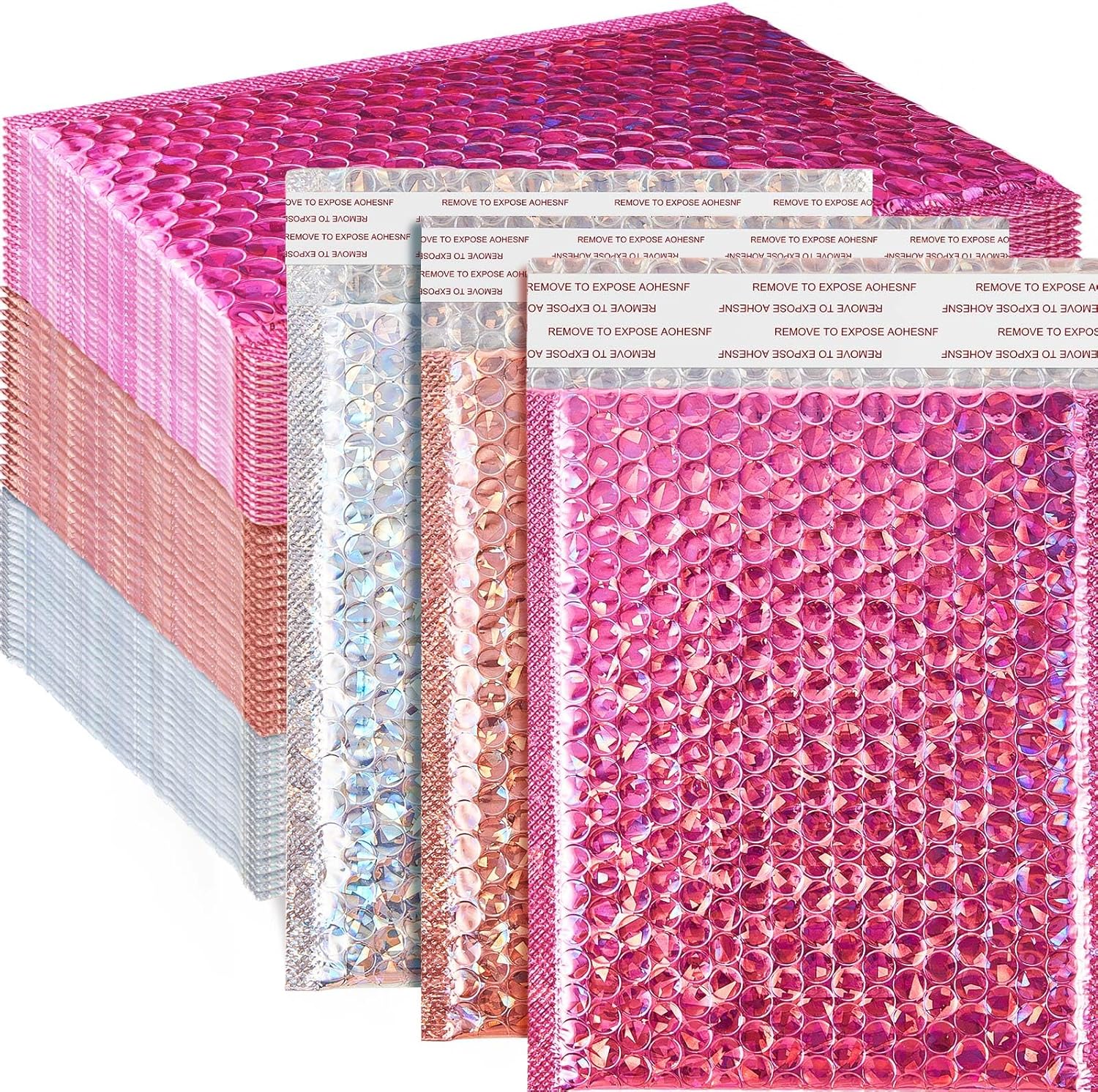 Henoyso 60 Pcs 8 x 11.5 Inch Holographic Bubble Mailers Metallic Padded Envelopes Self Seal Waterproof Shipping Bags Thick Cushioning Mailers for Book Clothes Makeup Jewelry, Silver, Pink, Rose Pink