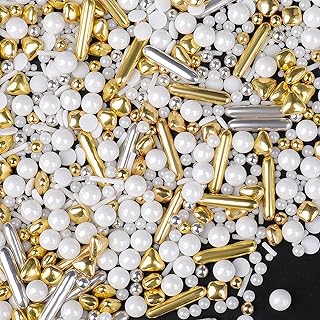 Sprinkles for Cake Decorating, 4.6oz White Silver Gold Sprinkle Mix, Edible Sugar Pearl Sprinkles with Metallic Rods & Jimmies, Candy Baking Decorations, Ice Cream Toppings, Wedding Party Supplies