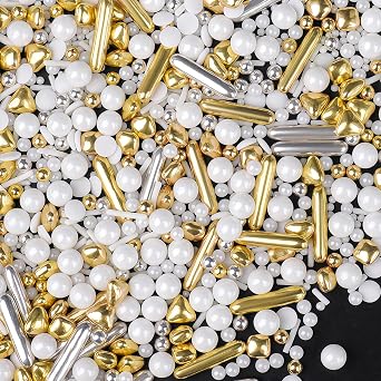 Sprinkles for Cake Decorating, 4.6oz White Silver Gold Sprinkle Mix, Edible Sugar Pearl Sprinkles with Metallic Rods & Jimmies, Candy Baking Decorations, Ice Cream Toppings, Wedding Party Supplies