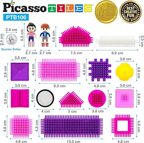 Miniatura 5 de PicassoTiles Hedgeho Lock Bloques de construcción Azulejos 106 piezas + 41 piezas, juego temático de castillo rosa con figuras humanas, juego de
