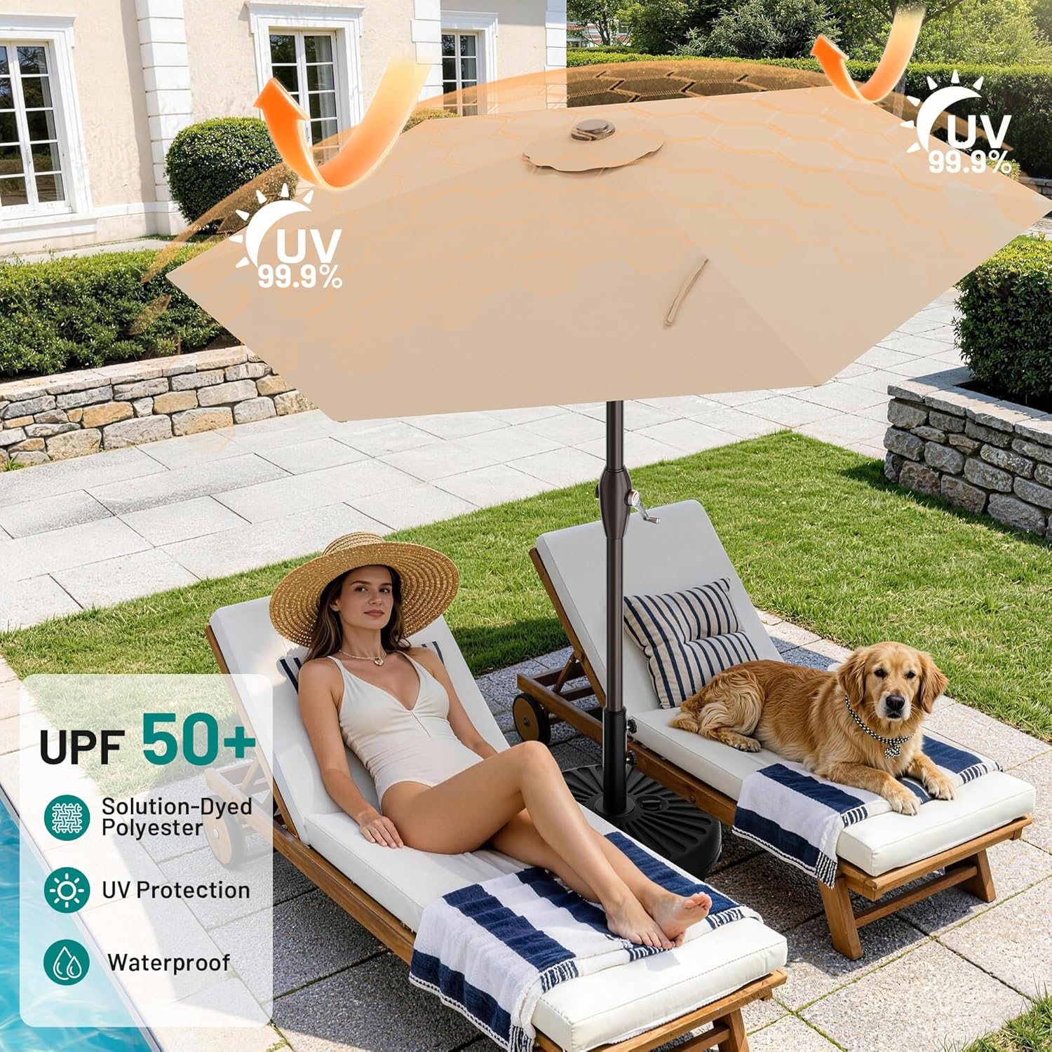 AreShark 7.5FT Patio Umbrella Table Market Umbrella with 6 Sturdy Ribs, Button Tilt/Crank, Heavy-Duty Outdoor Umbrellas for Pool, Deck, Garden and Backyard, Beige
