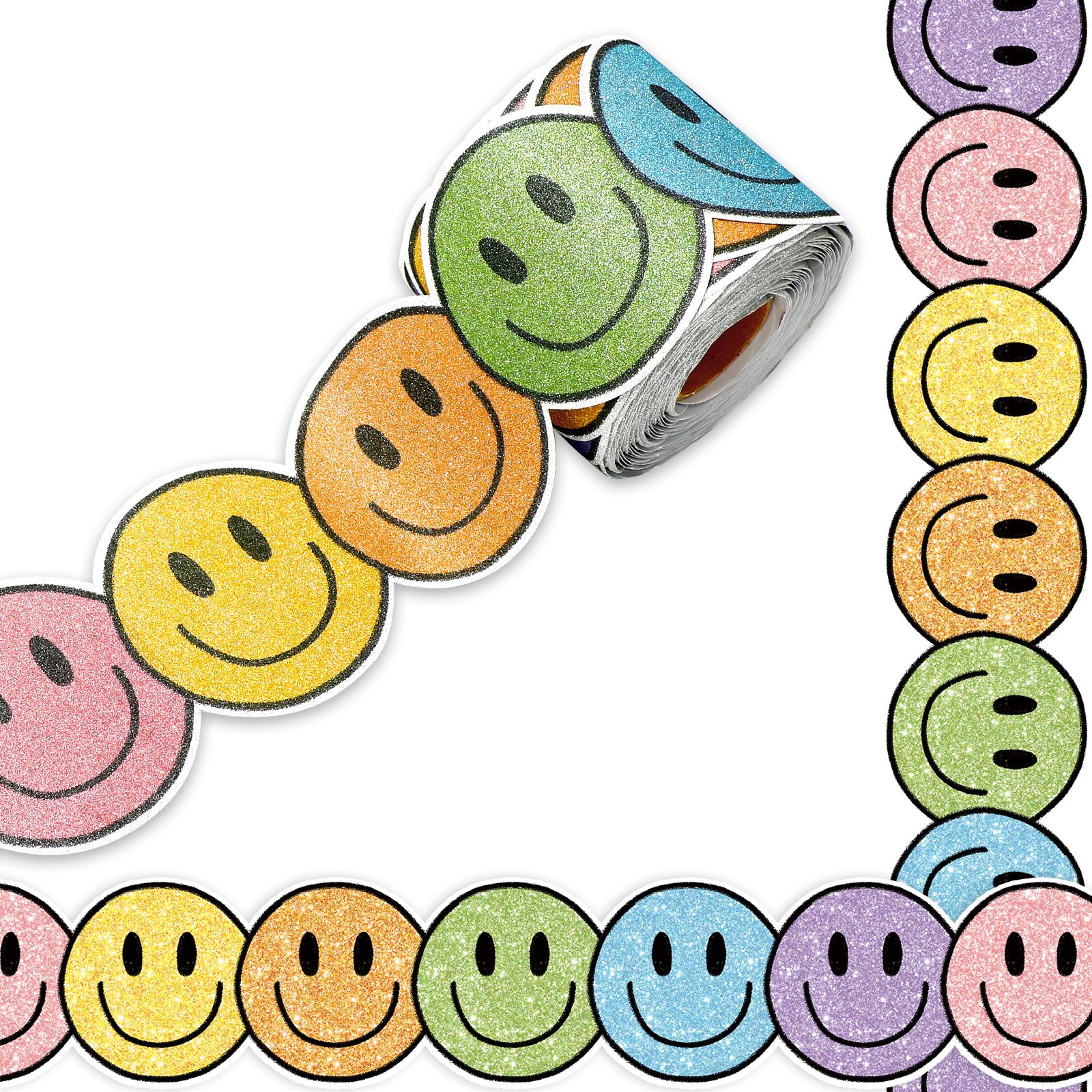 Whaline 65.6Ft Back to School Boho Happy Face Bulletin Board Border Glitter Pastel Smile Face Die Cut Trim Border Roll for Classroom Chalkboard Wall