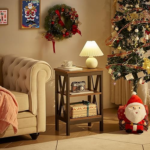 Miniatura 7 de VECELO Mesitas de noche modernas X-Design Mesa auxiliar con estante de almacenamiento para dormitorio, sala de estar, Marrón