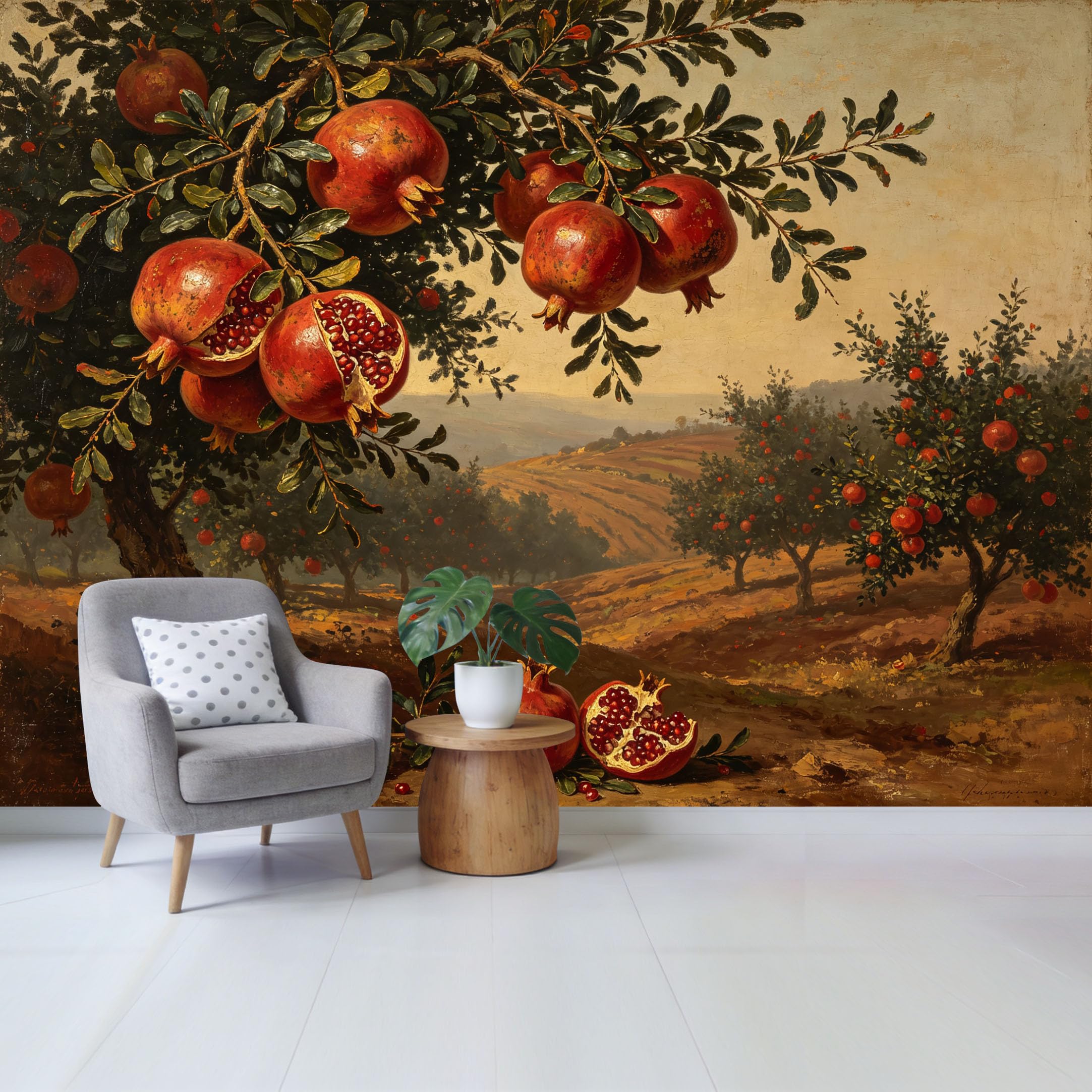 Qzlithotic Yq2605250361 Custom Size Wall Mural Classical Pomegranate Orchard Harvest Oil Painting Botanical Farmhouse Selfadhesive Wall Fabric Removable Wallpaper For Home Office Decor