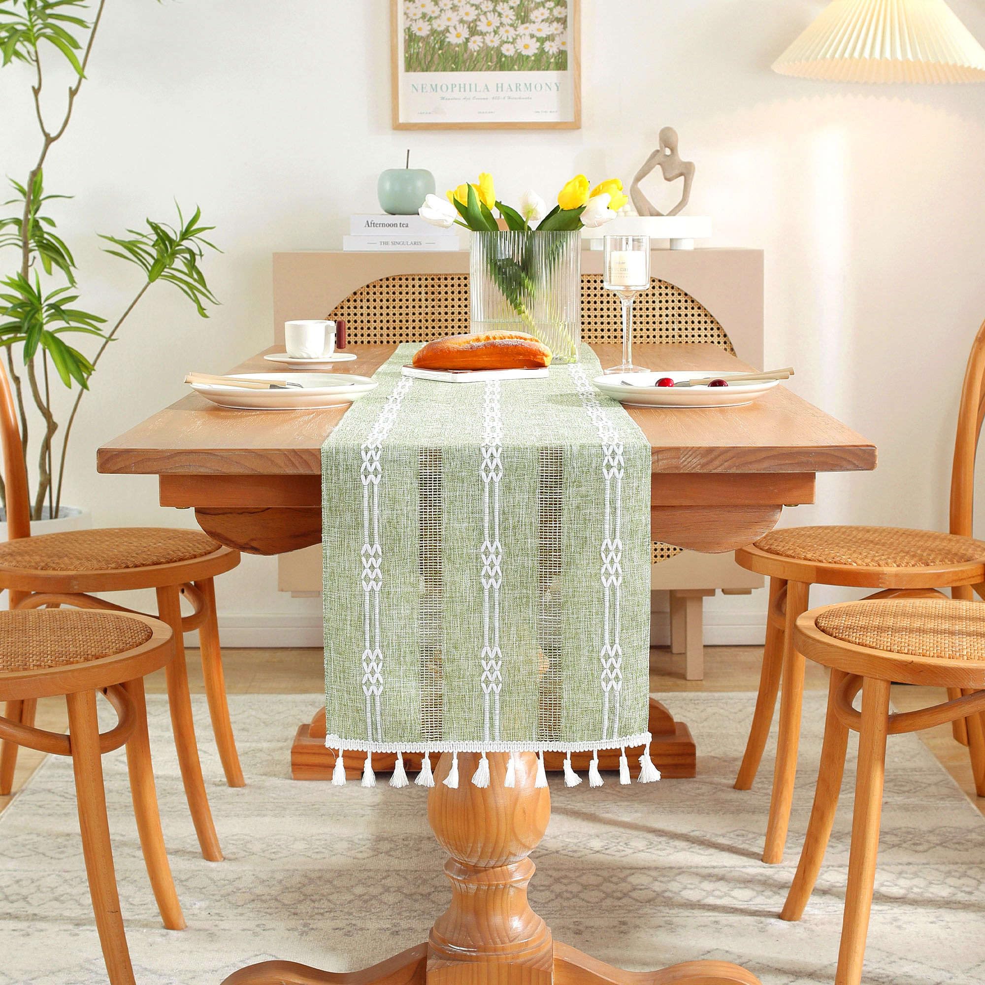 Camino De Mesa Bohemio De Macramé Beige Con Borlas, Tejido A Mano, De