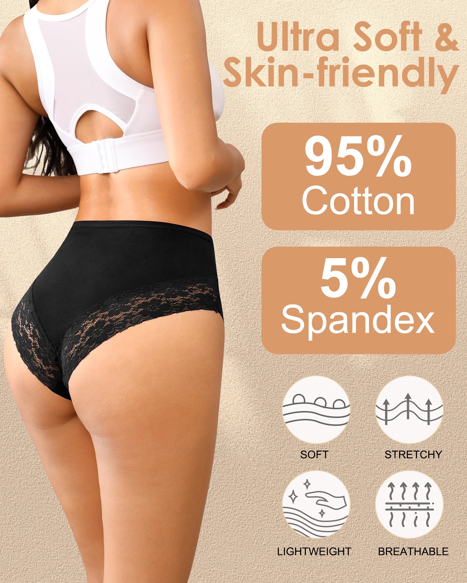 OLIKEME Ropa interior de cintura alta para mujer, de algodón, sexy, con encaje, invisible, suave, elástica, paquete de 3