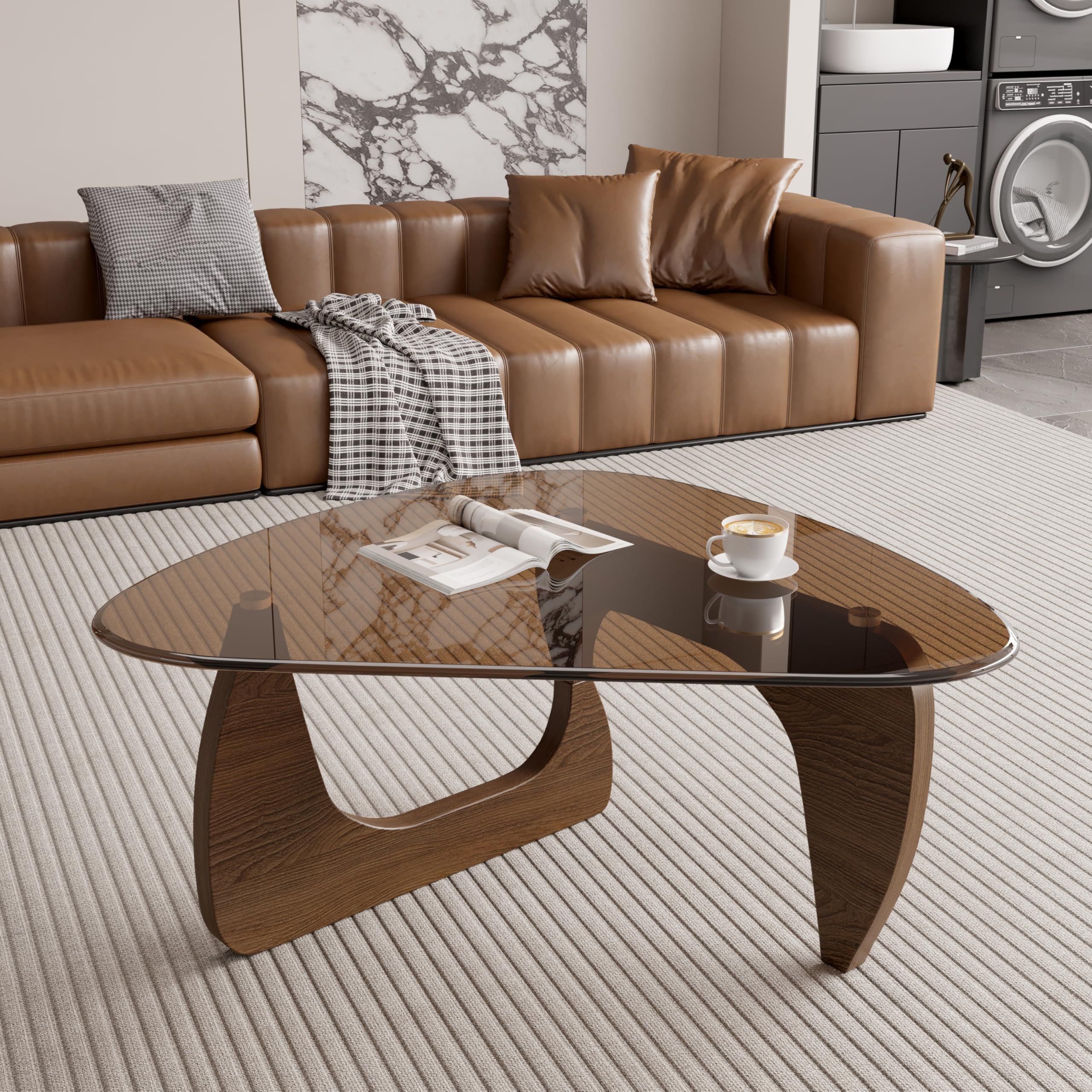 Modern Glass Coffee Table Triangle Center Table with Tempered Glass Top Unique Wooden Base 42 5 Mid Century