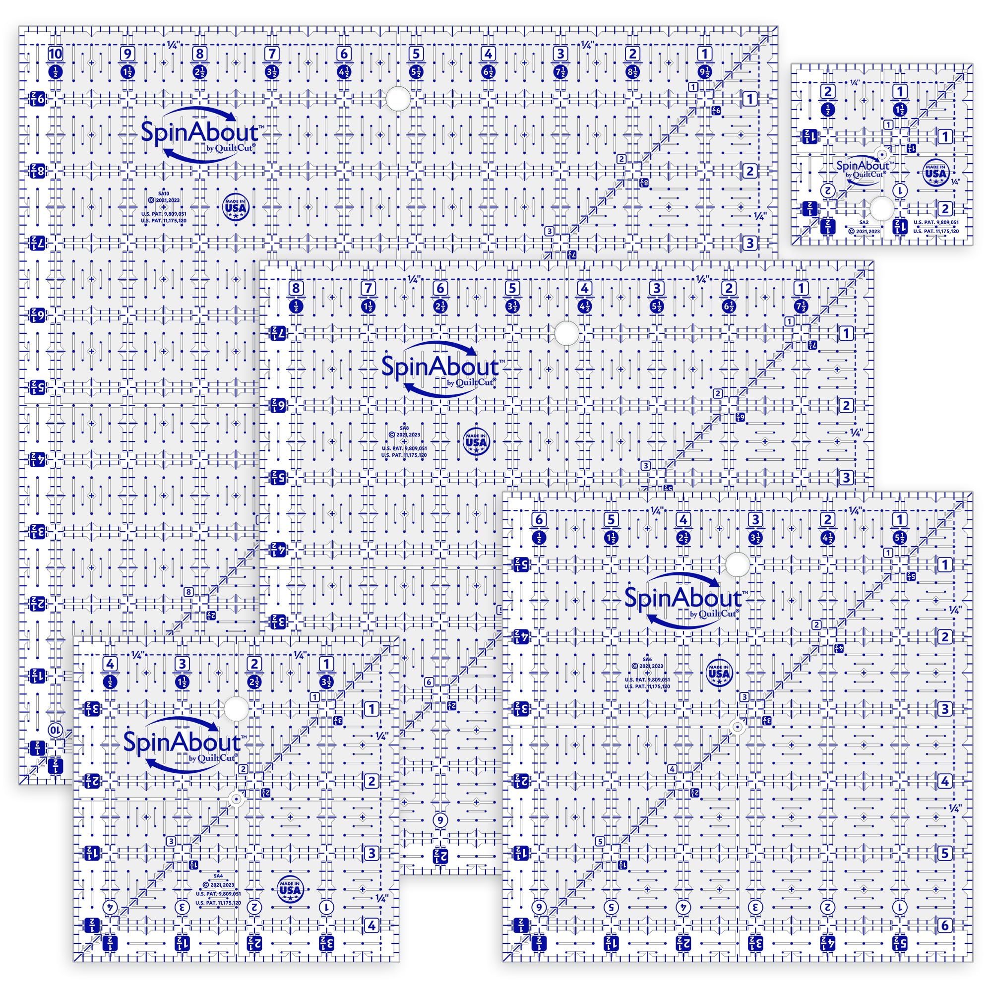 SpinAbout by QuiltCut Non-Slip Quilting Ruler – 5 Piece Square Up Set, 2½", 4½", 6½", 8½", and 10½"