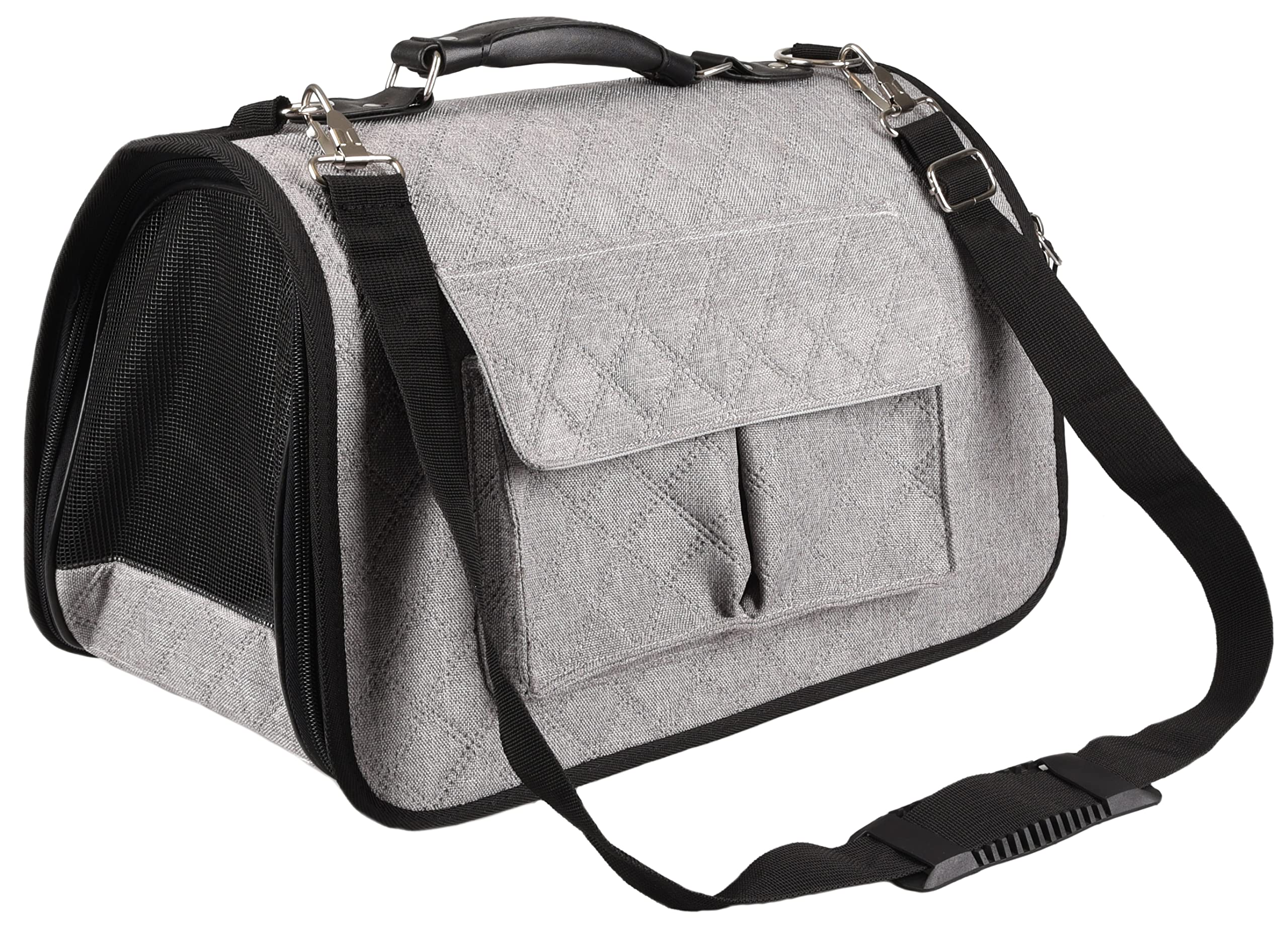 Flamingo Sac de Transport Chat – Chien Amy Gris – 45×21×28 cm – Textile – Ouverture Frontale – Cadre ventilé – Sangle sécurité – bandoulière – 2 Poches Velcro